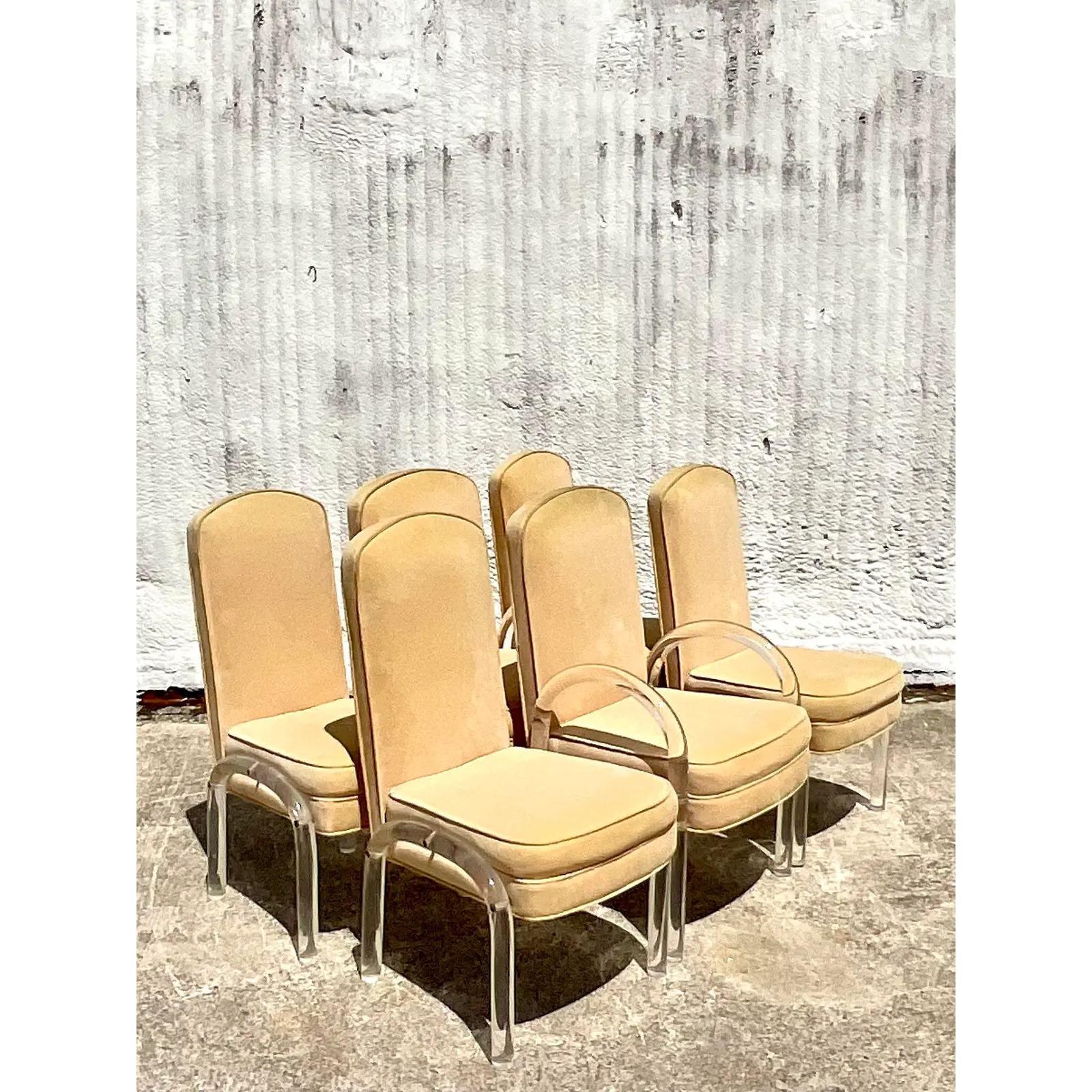 Vintage Contemporary Lucite and Ultra Suede Dining Chairs - Set of 6 In Good Condition In west palm beach, FL