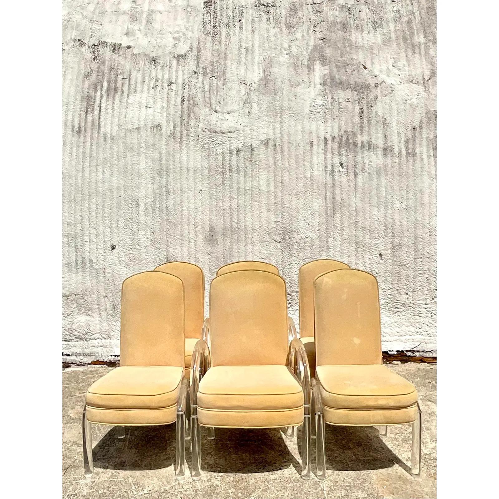 Upholstery Vintage Contemporary Lucite and Ultra Suede Dining Chairs - Set of 6