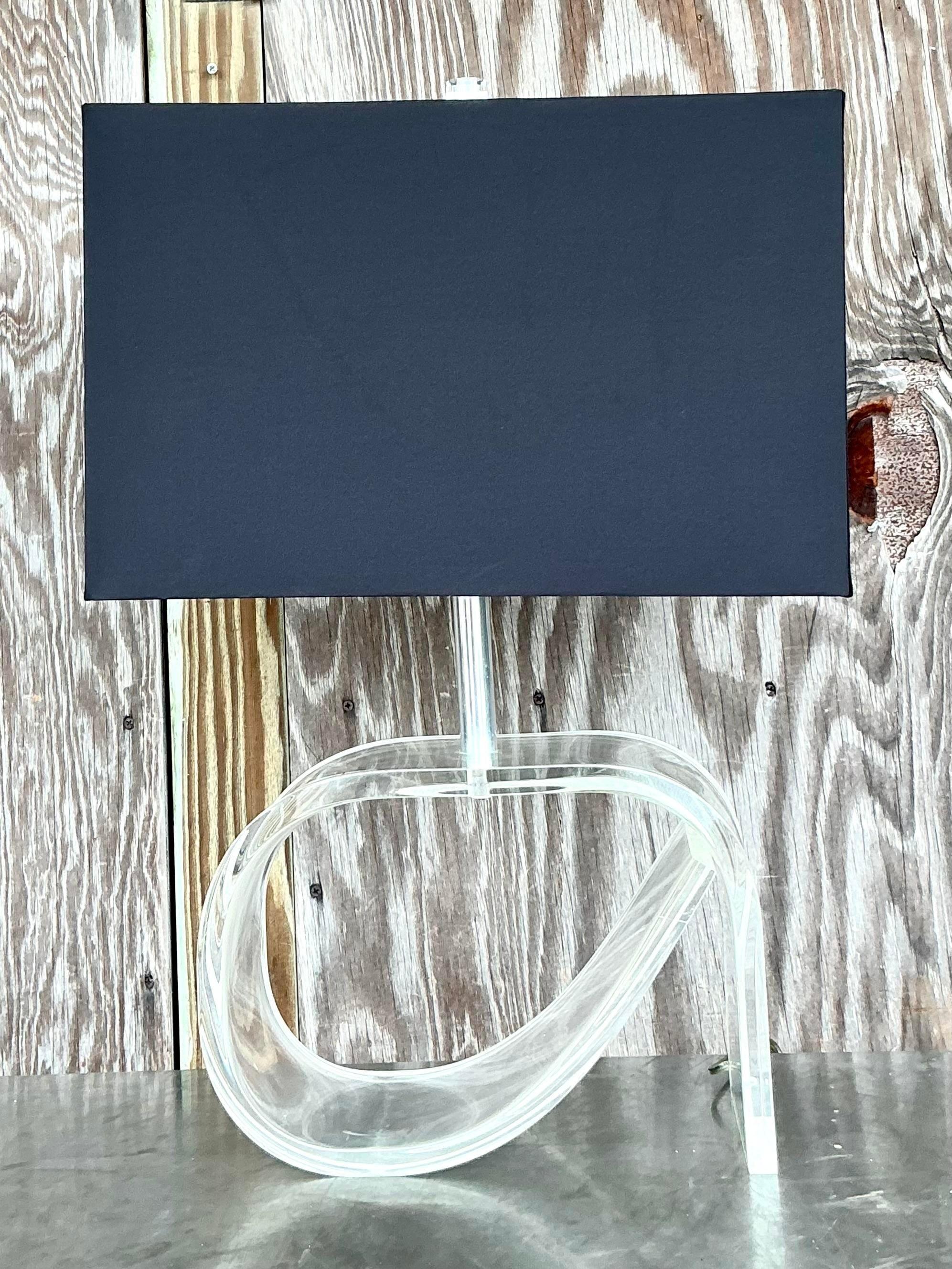 Fabric Vintage Contemporary Lucite Scroll Table Lamp For Sale