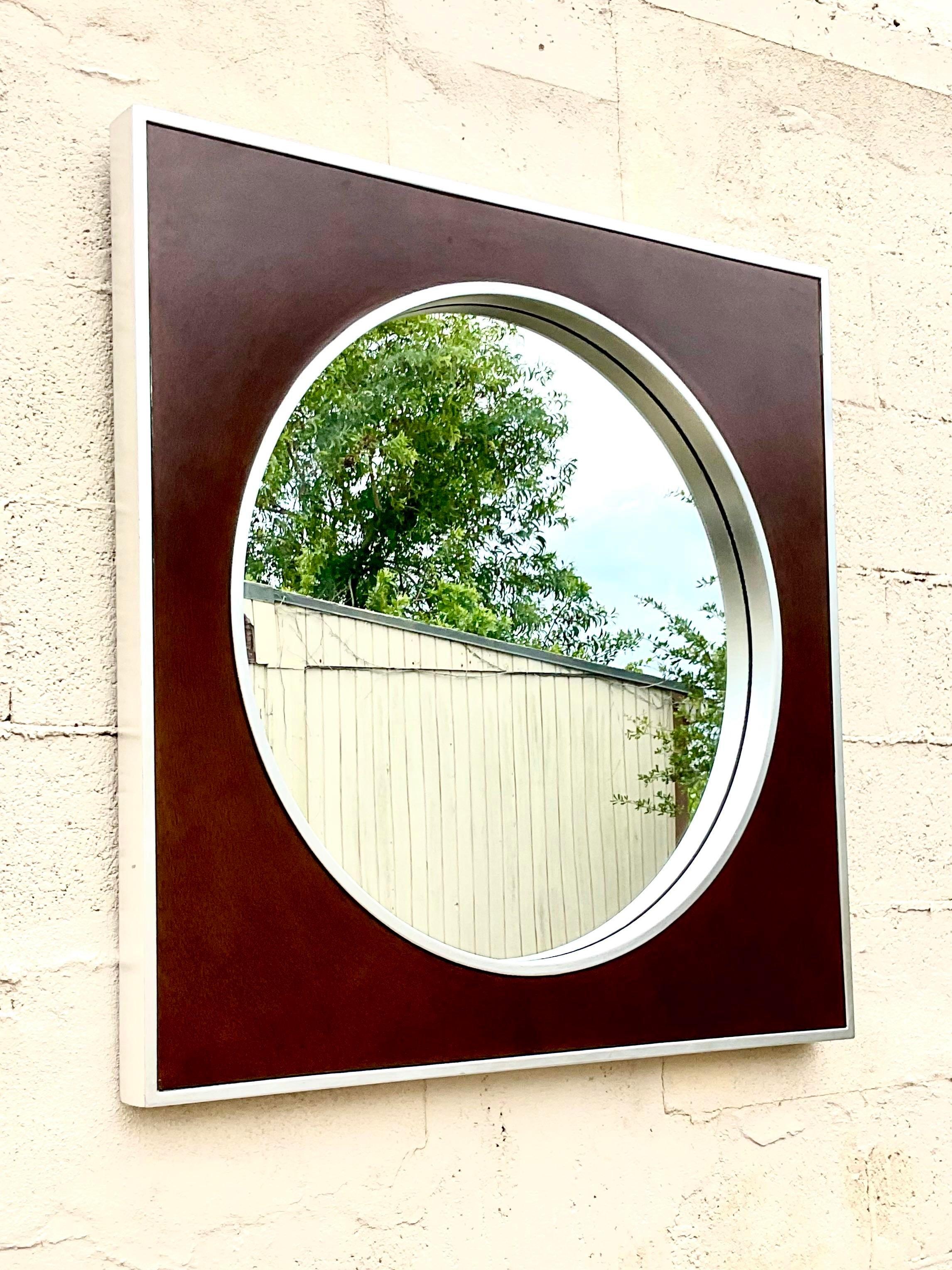 Vintage Contemporary Majestic Company Brushed Chrome Circle Mirror In Good Condition For Sale In west palm beach, FL