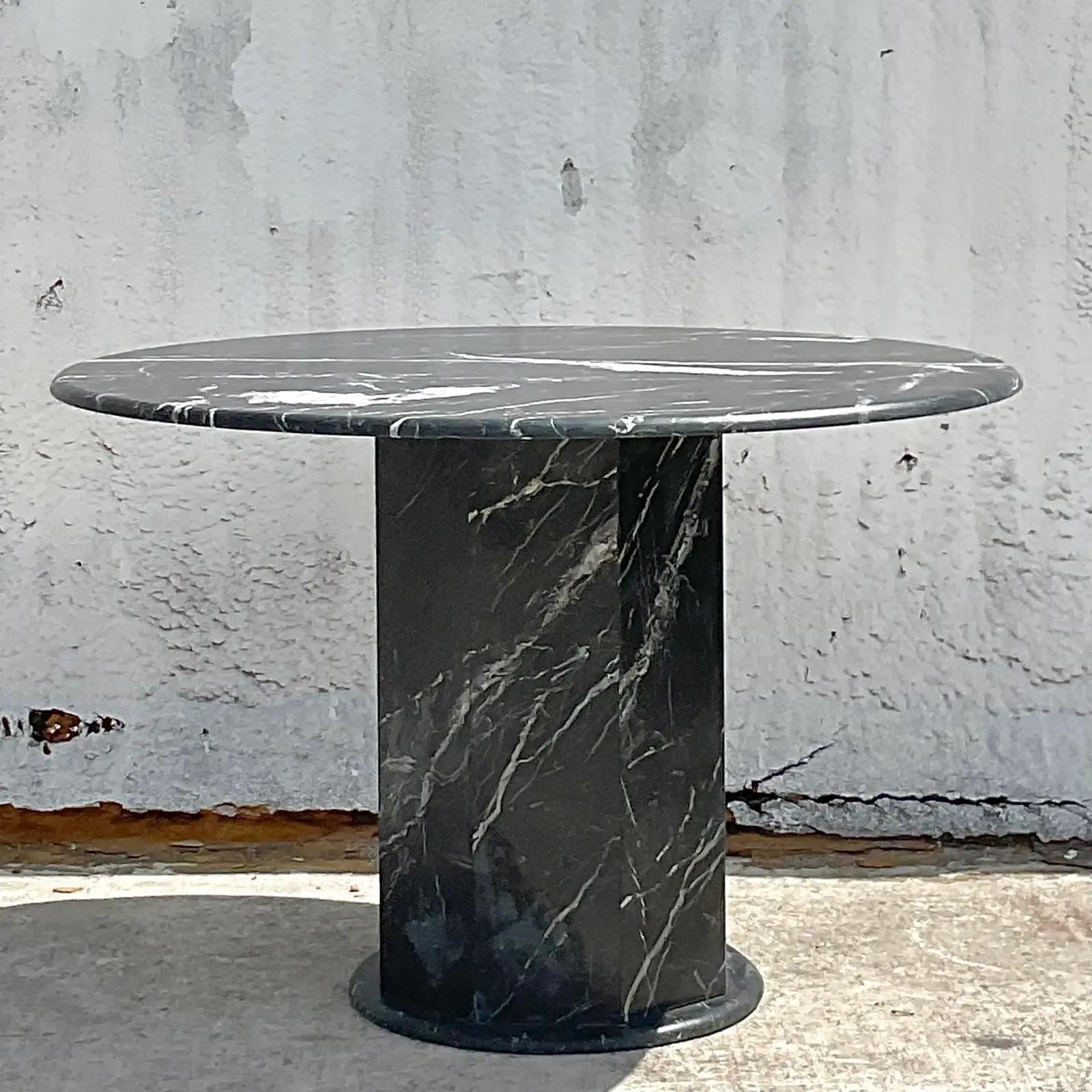 Vintage Contemporary Marquina Stone Pedestal Table In Good Condition In west palm beach, FL