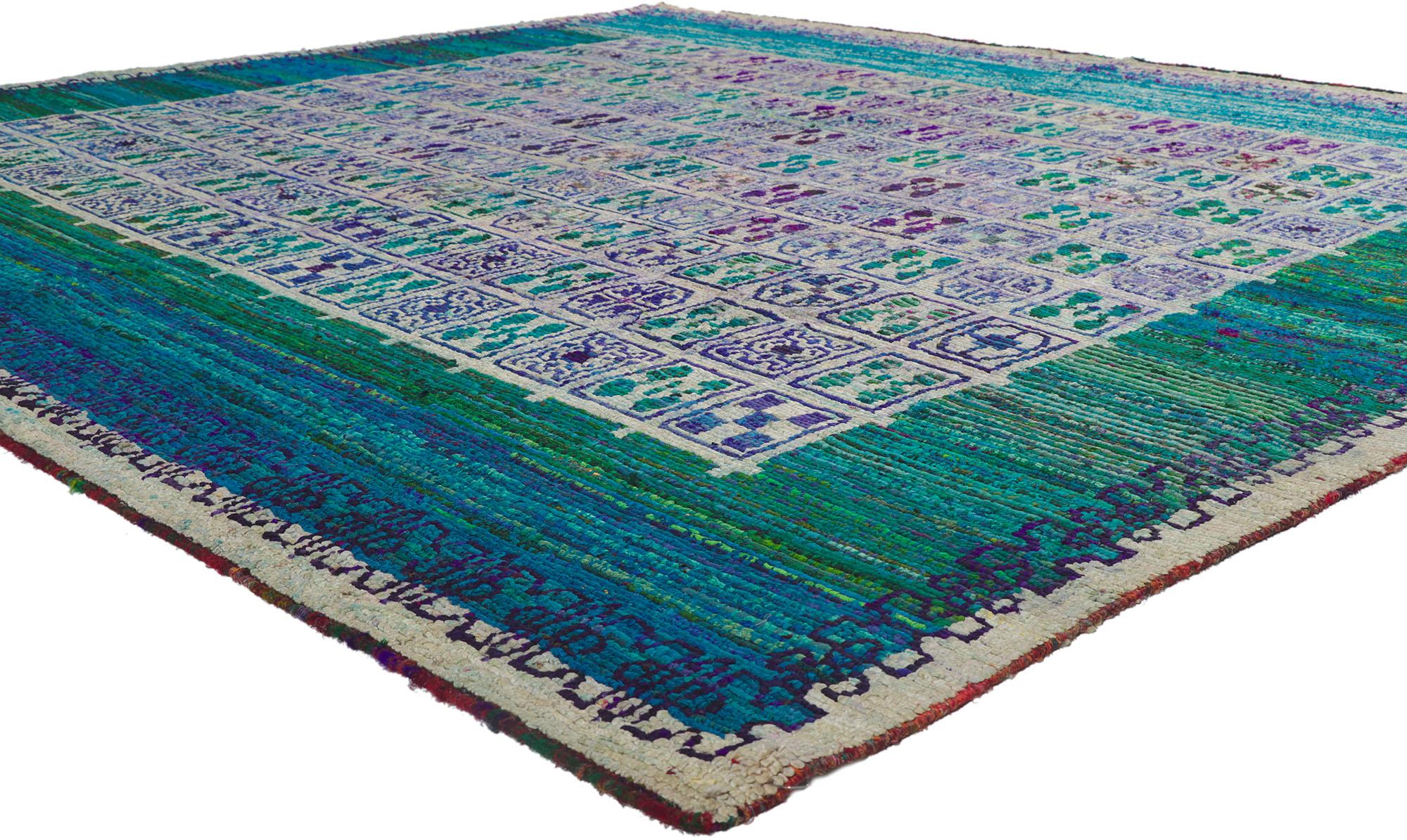 78160 vintage Michaelian & Kohlberg Tibetan rug 08'09 x 09'04. With effortless beauty and a strong sense of dimensionality, this hand-knotted wool M&K Tibetan rug is engaging, yet well balanced creating a striking visual effect. The striated field