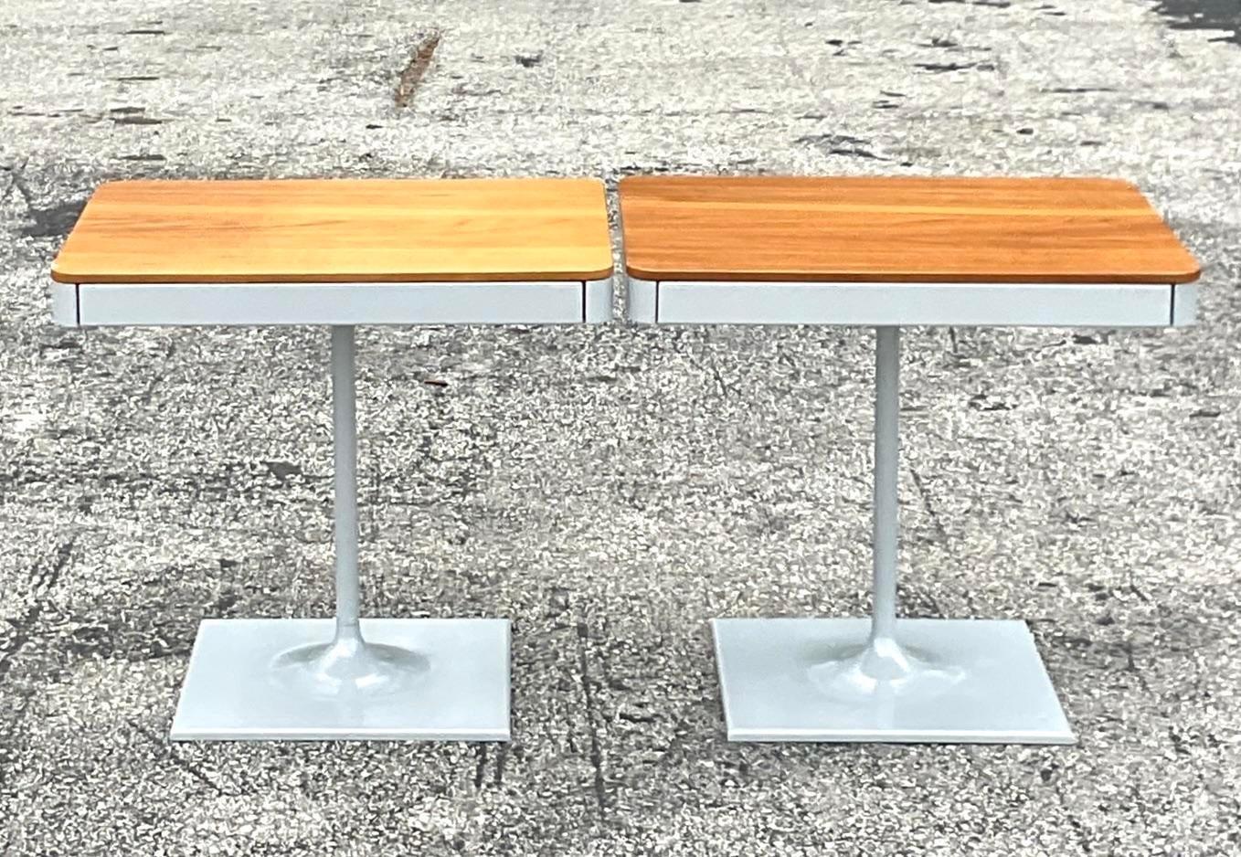 A fabulous pair of vintage Contemporary nightstands. Done in the manner of thr Design z within Reach group. The Min a pedestal nightstands. Acquired from a Palm Beach estate.