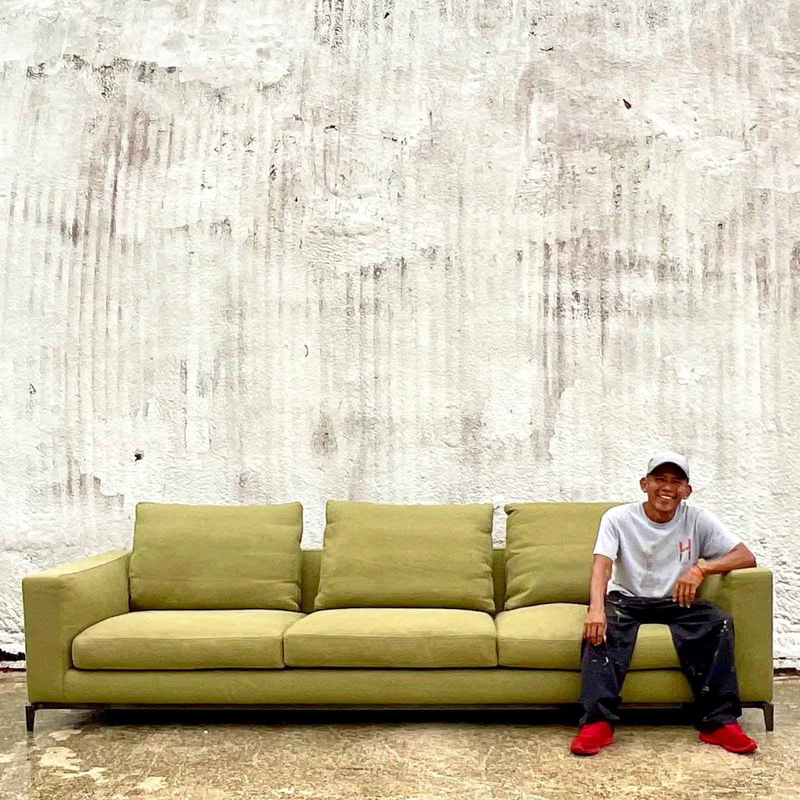 Vintage Contemporary Minotti Three Seat Chartreuse Sofa In Good Condition In West Palm Beach, FL