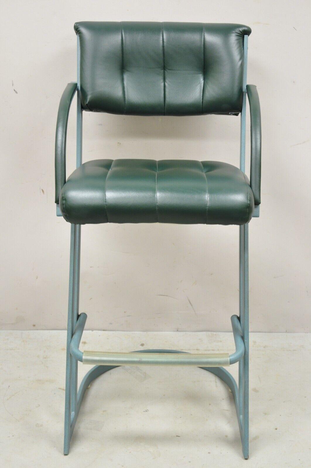 Vintage Contemporary Modern Green Metal sculptural Space Age bar stools - 4 Pcs. Item features (4) Bar stools, green tufted vinyl upholstery, sleek metal frames, very nice vintage set, great style and form. Circa Late 20th Century. Measurements: