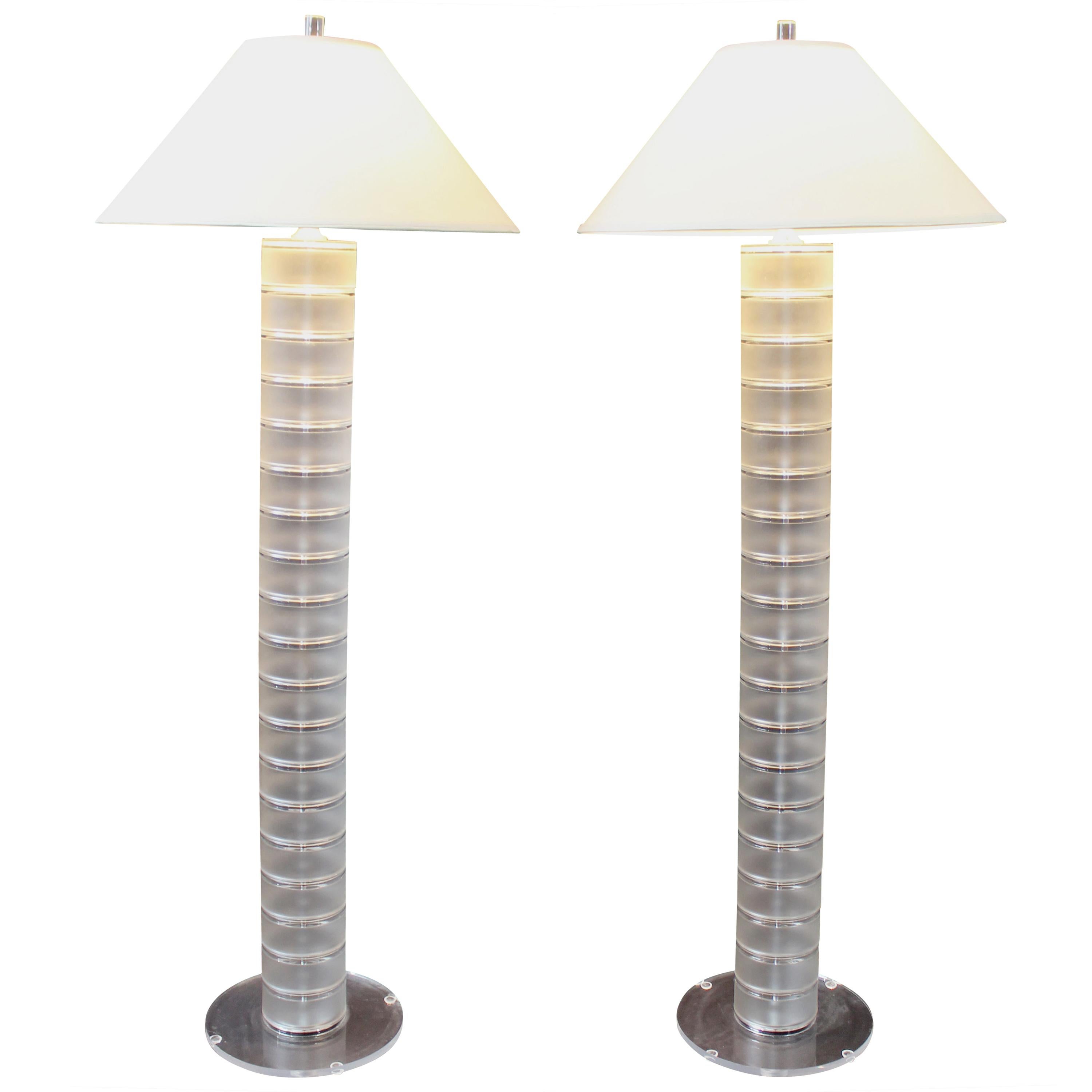 Vintage Contemporary Modern Pair of Clear Lucite Optique Floor Lamps 1980s