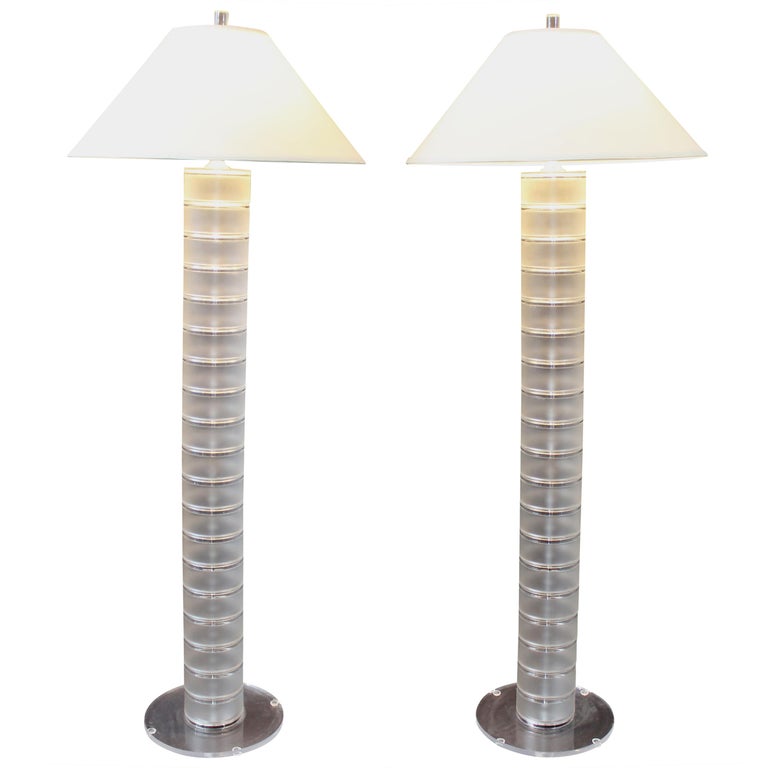 Vintage Contemporary Modern Pair of Clear Lucite Optique Floor Lamps
