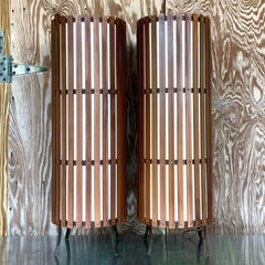 Vintage Contemporary Modernist Walnut Slat Cylinder Floor Lamps, a Pair