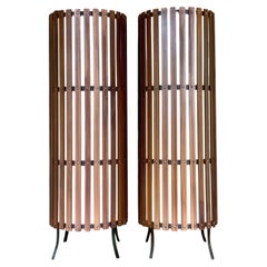 Vintage Contemporary Modernist Walnut Slat Cylinder Floor Lamps, a Pair