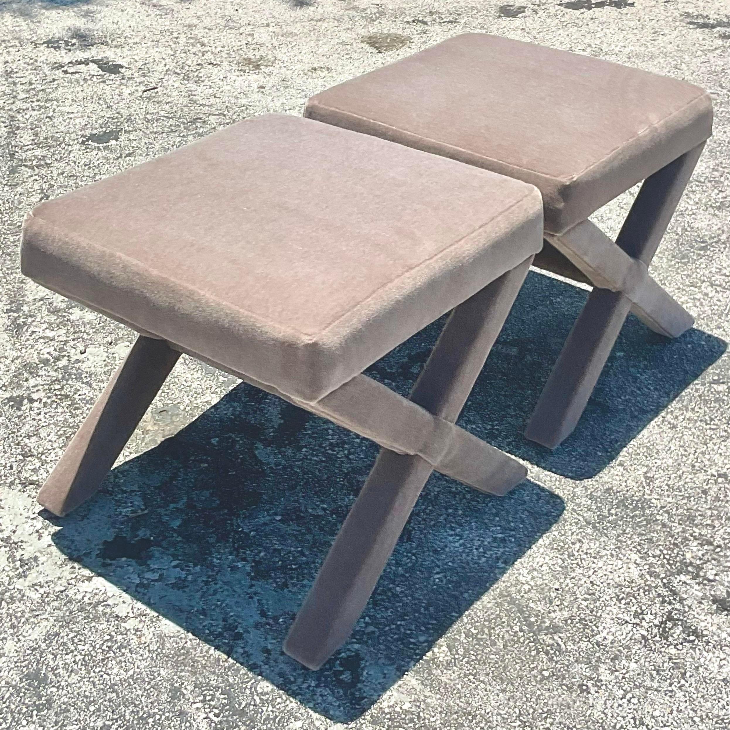 A fabulous pair of vintage Contemporary X Benches. A chic Taupe colored mohair in a sleek and clean shape. Acquired from a Palm Beach estate.