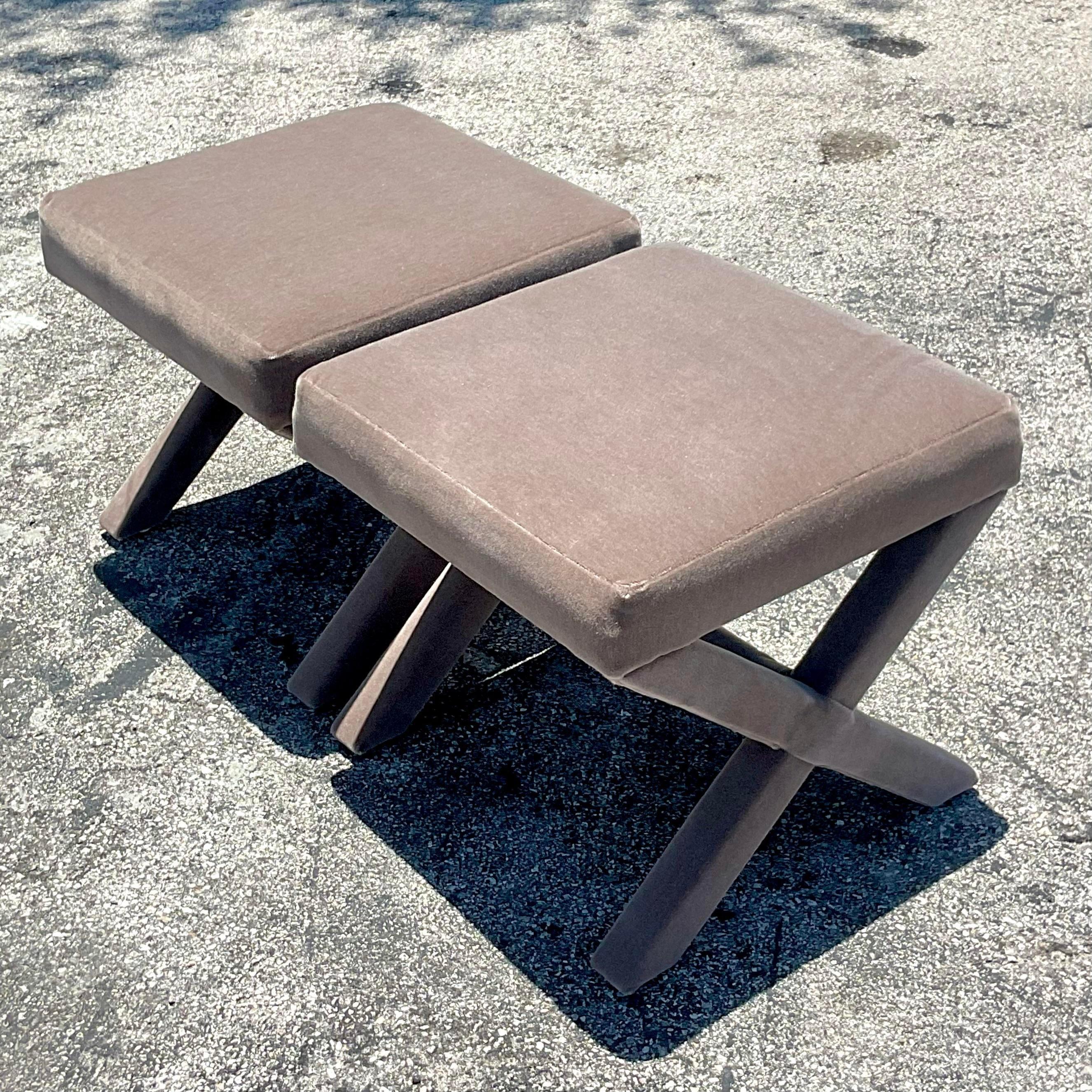 American Vintage Contemporary Mohair X Benches - a Pair For Sale