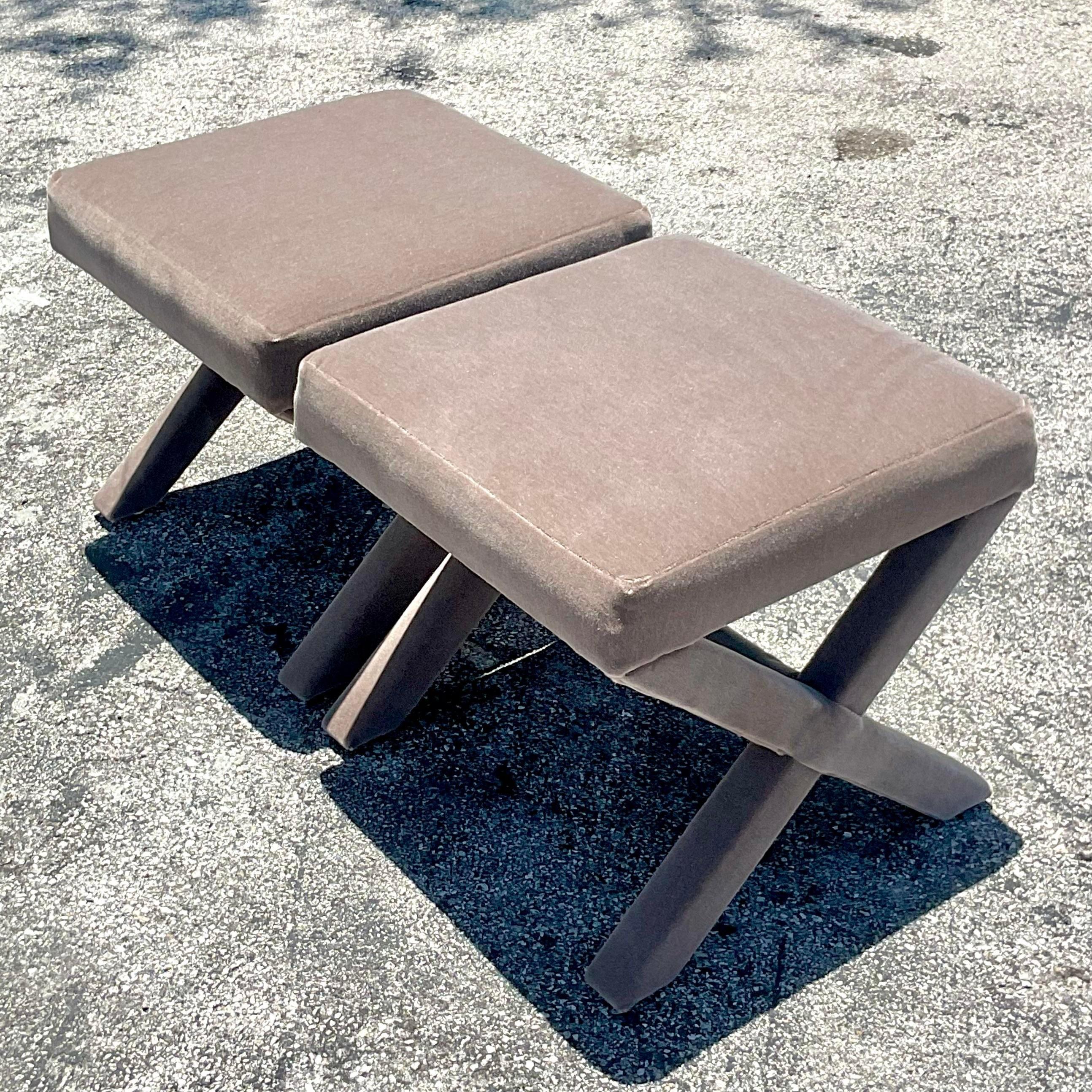Vintage Contemporary Mohair X Benches - a Pair In Good Condition For Sale In west palm beach, FL