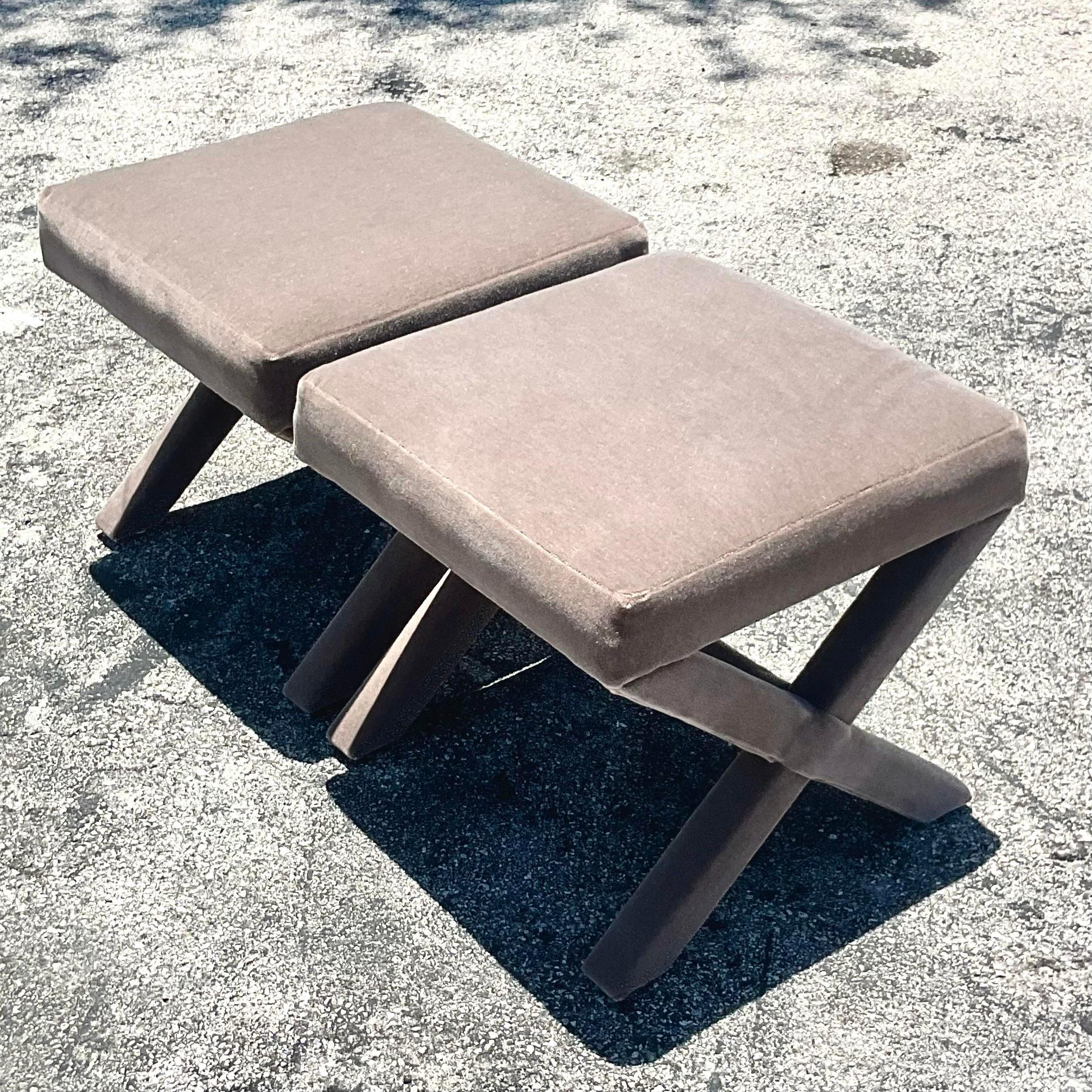 20th Century Vintage Contemporary Mohair X Benches - a Pair For Sale