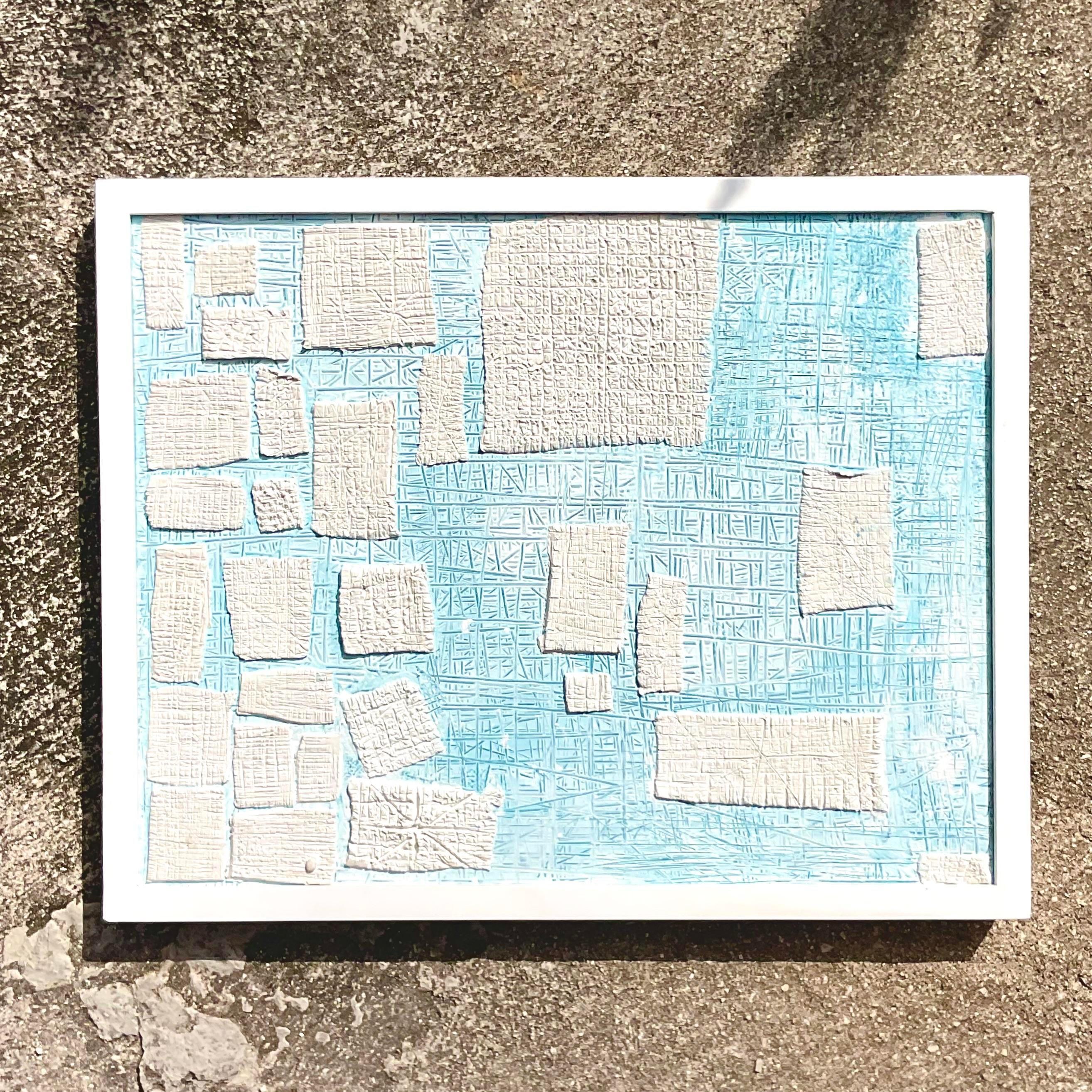 A fantastic vintage Contemporary original Abstract painting. A striking mixed media by Scottish artist Niki Smith. A composition of ceramic on Sgrafitto in pale blue and white. Signed on verso. Acquired from a Palm Beach estate.