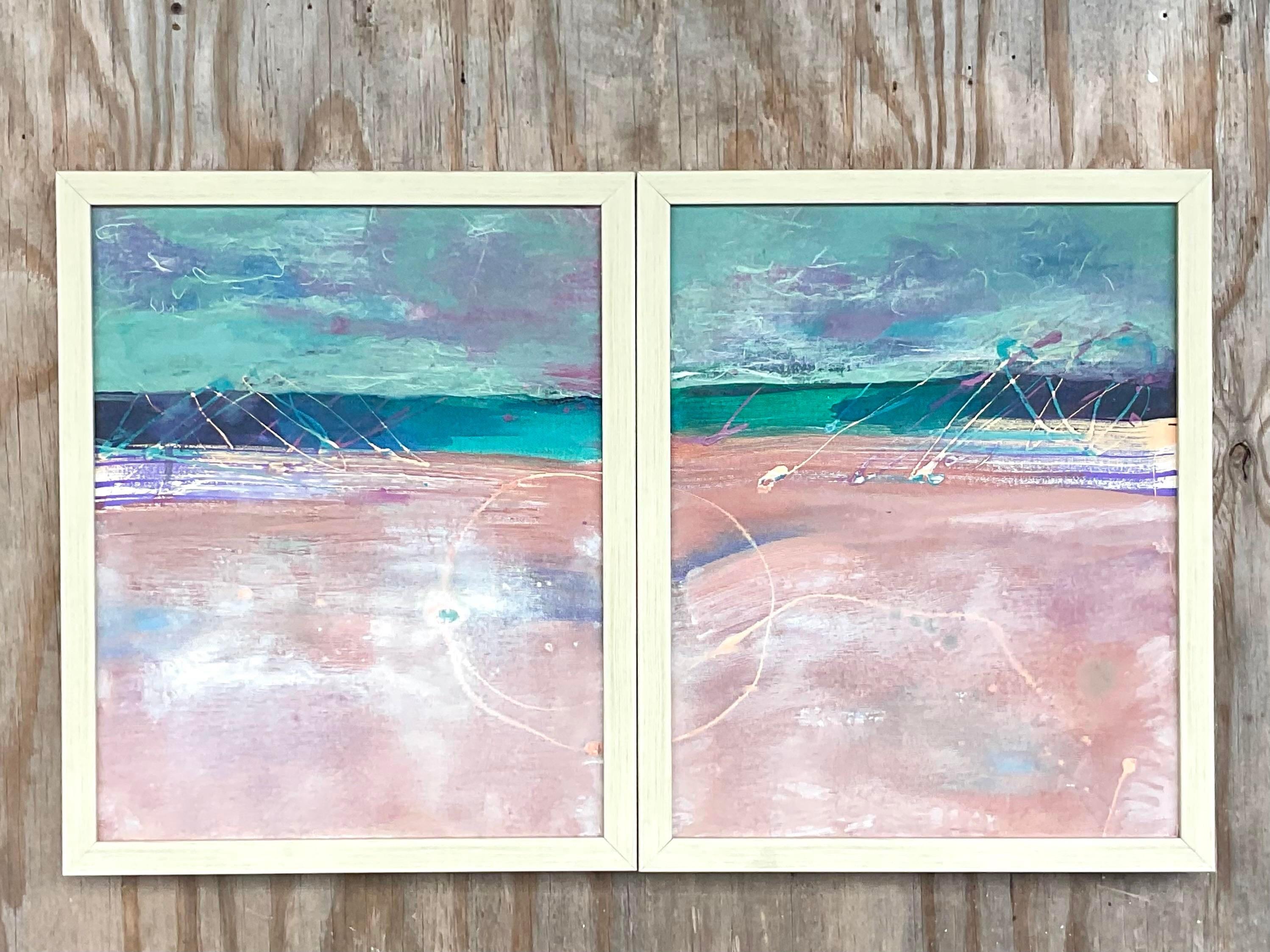 A fabulous set of two vintage Contemporary original Abstract oil paintings. A chic muted color composition with lots of good energy. Newly framed. Acquired from a Palm Beach estate.