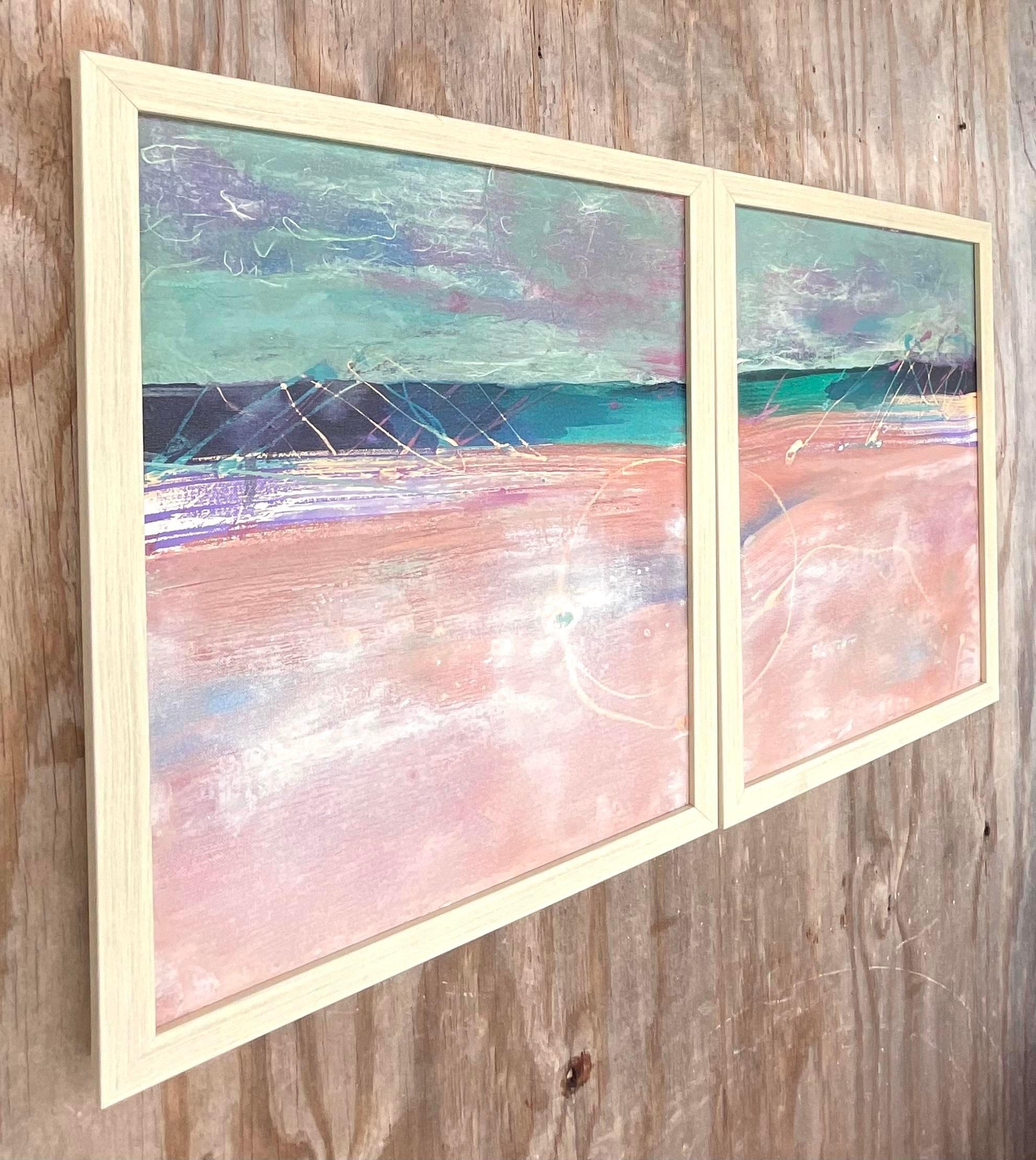Vintage Contemporary Original Abstract Oil Paintings on Canvas - Set of 2 In Good Condition For Sale In west palm beach, FL