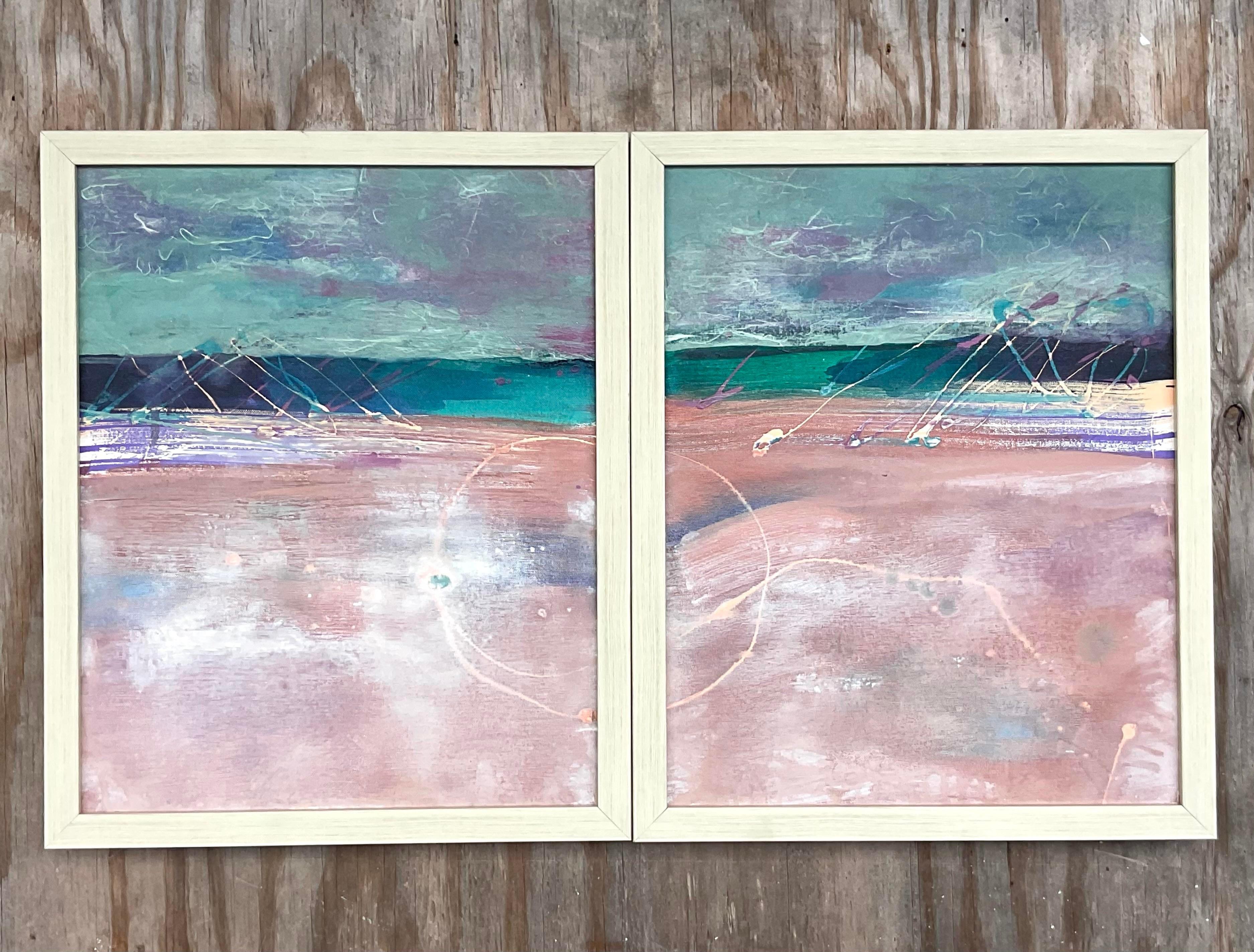 Vintage Contemporary Original Abstract Oil Paintings on Canvas - Set of 2 For Sale 1