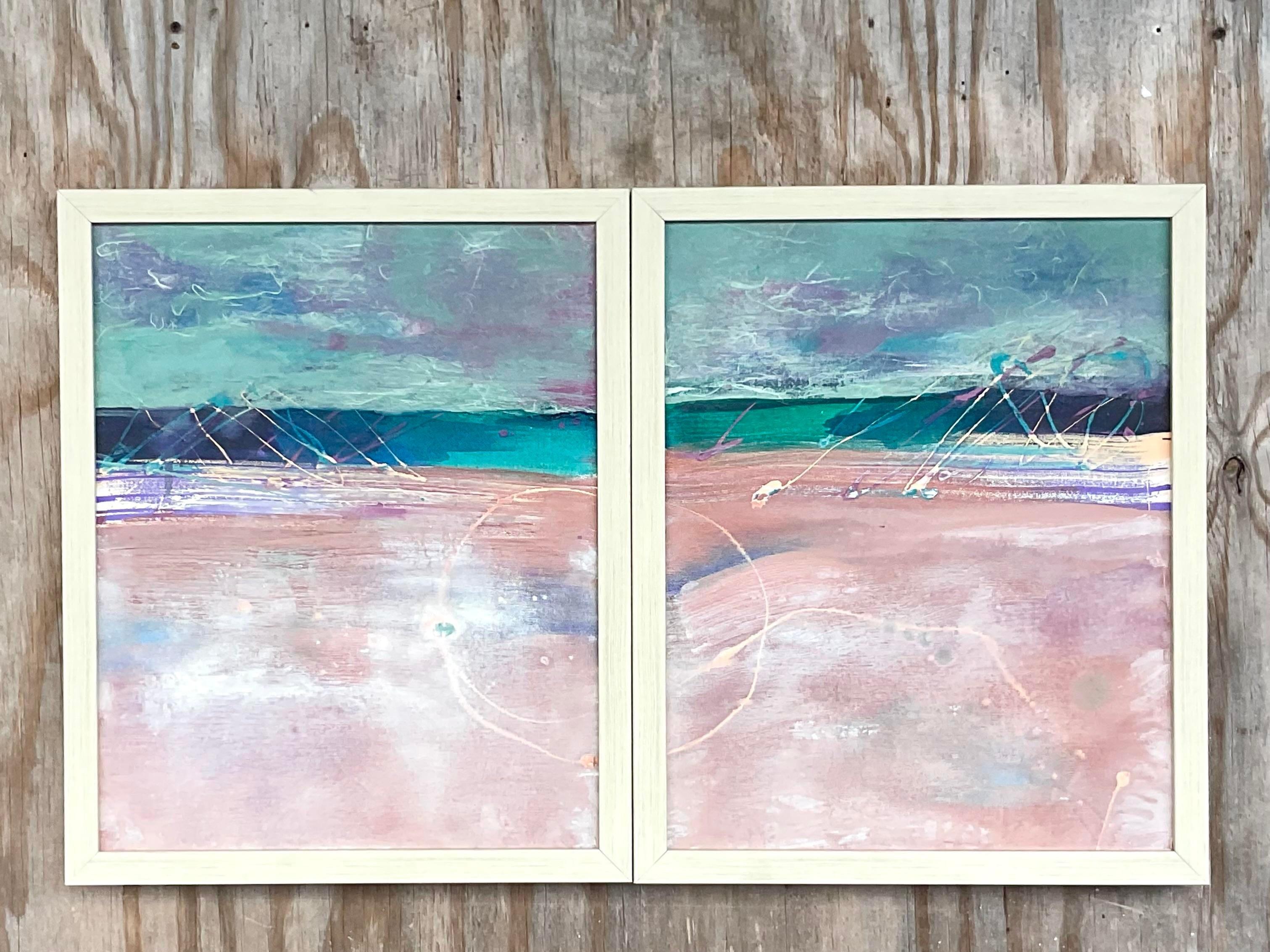 Vintage Contemporary Original Abstract Oil Paintings on Canvas - Set of 2 For Sale 3