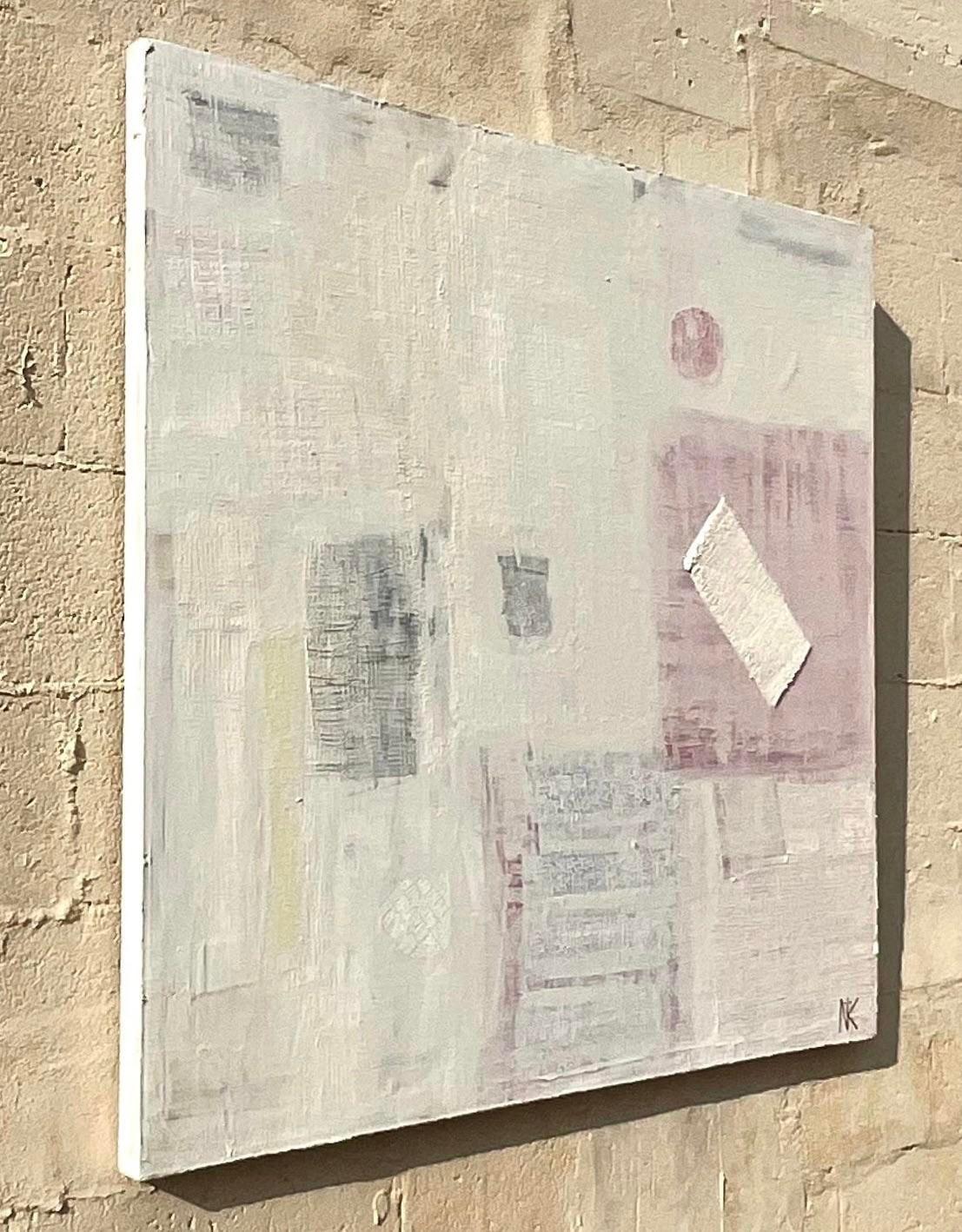 A brilliant vintage Contemporary Original painting on canvas. A chic Abstract composition in pale cool colors. Signed by the artist NK. Acquired from a Palm Beach estate.