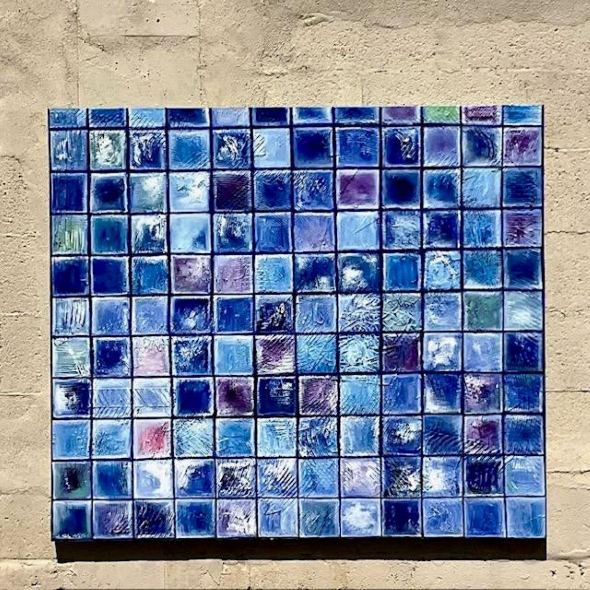 Modern Vintage Contemporary Original Oil Painting of Blue Blocks For Sale