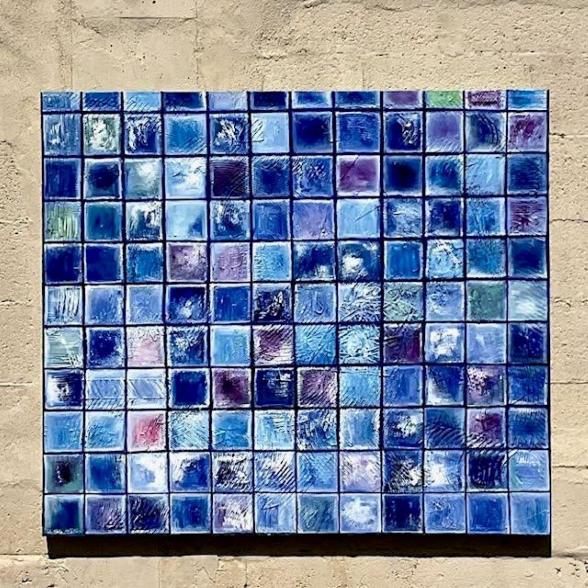 North American Vintage Contemporary Original Oil Painting of Blue Blocks For Sale
