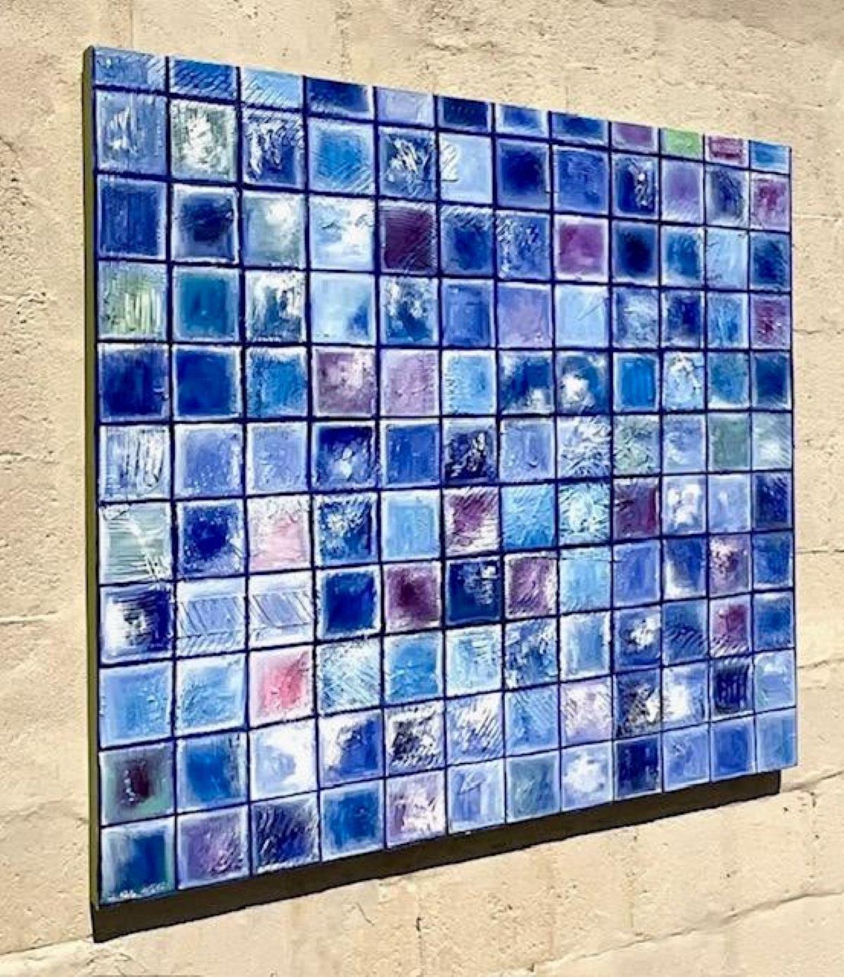 Vintage Contemporary Original Oil Painting of Blue Blocks In Good Condition For Sale In west palm beach, FL