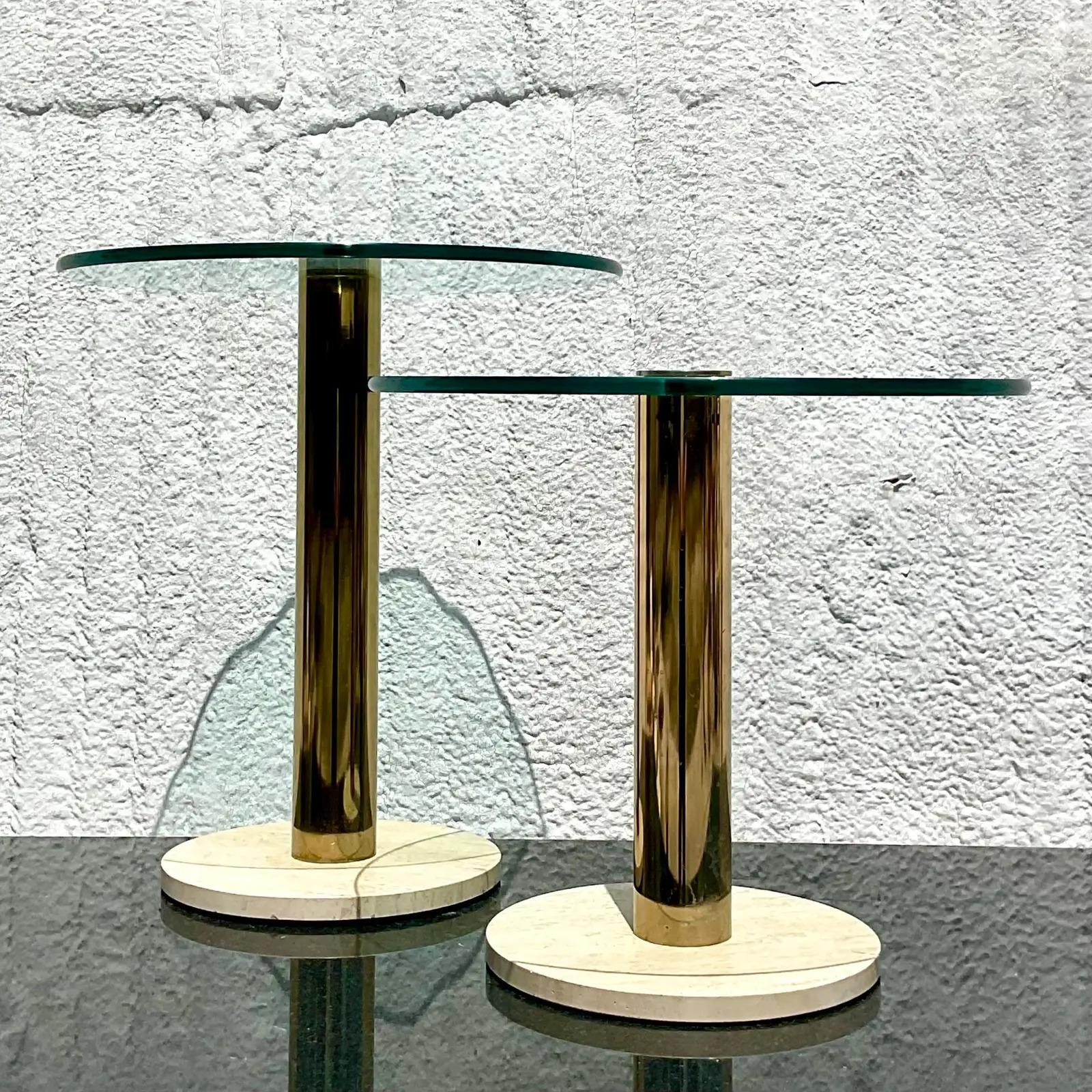 Vintage Contemporary Pace Brass and Marble Drinks Tables Set In Good Condition In west palm beach, FL