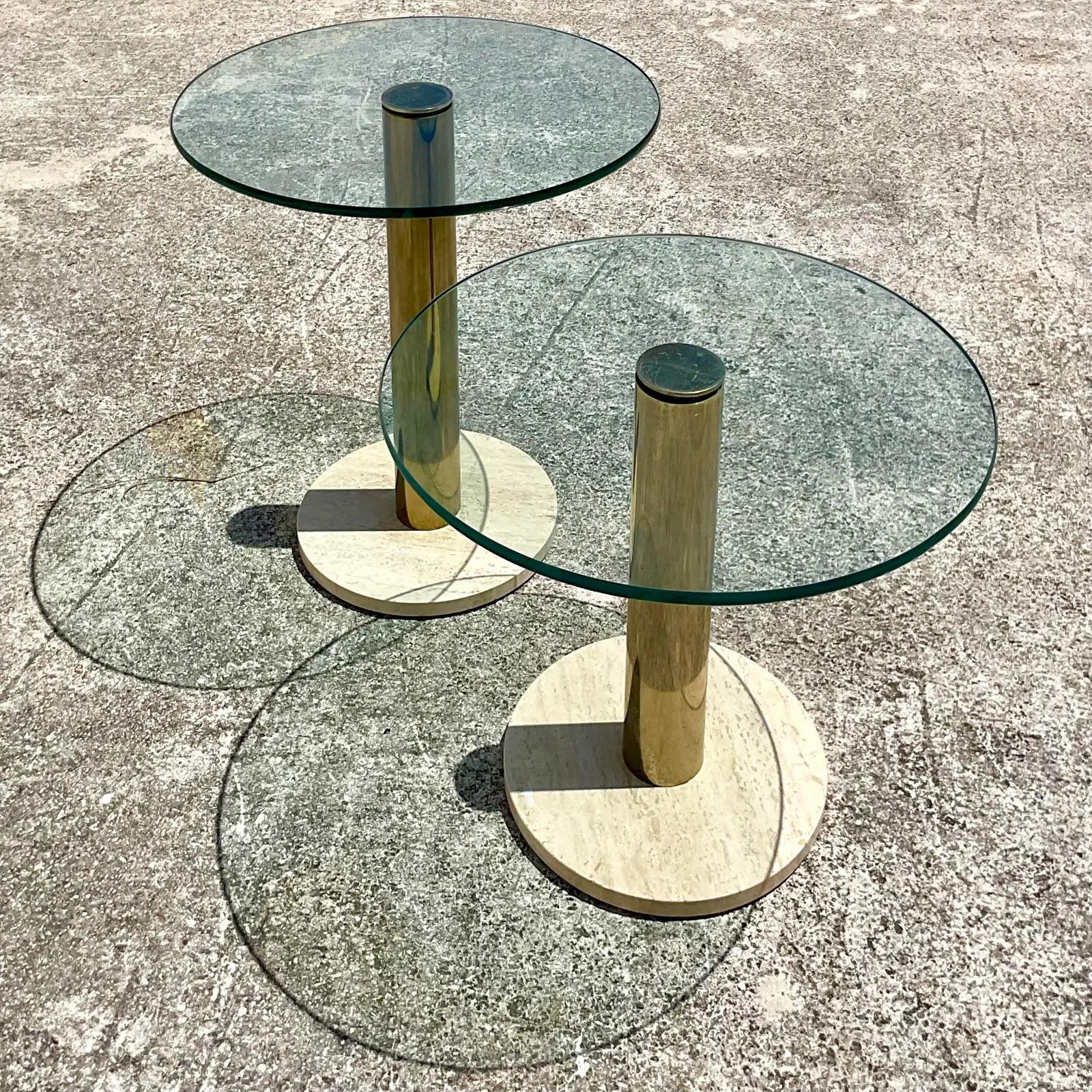 Vintage Contemporary Pace Brass and Marble Drinks Tables Set 1