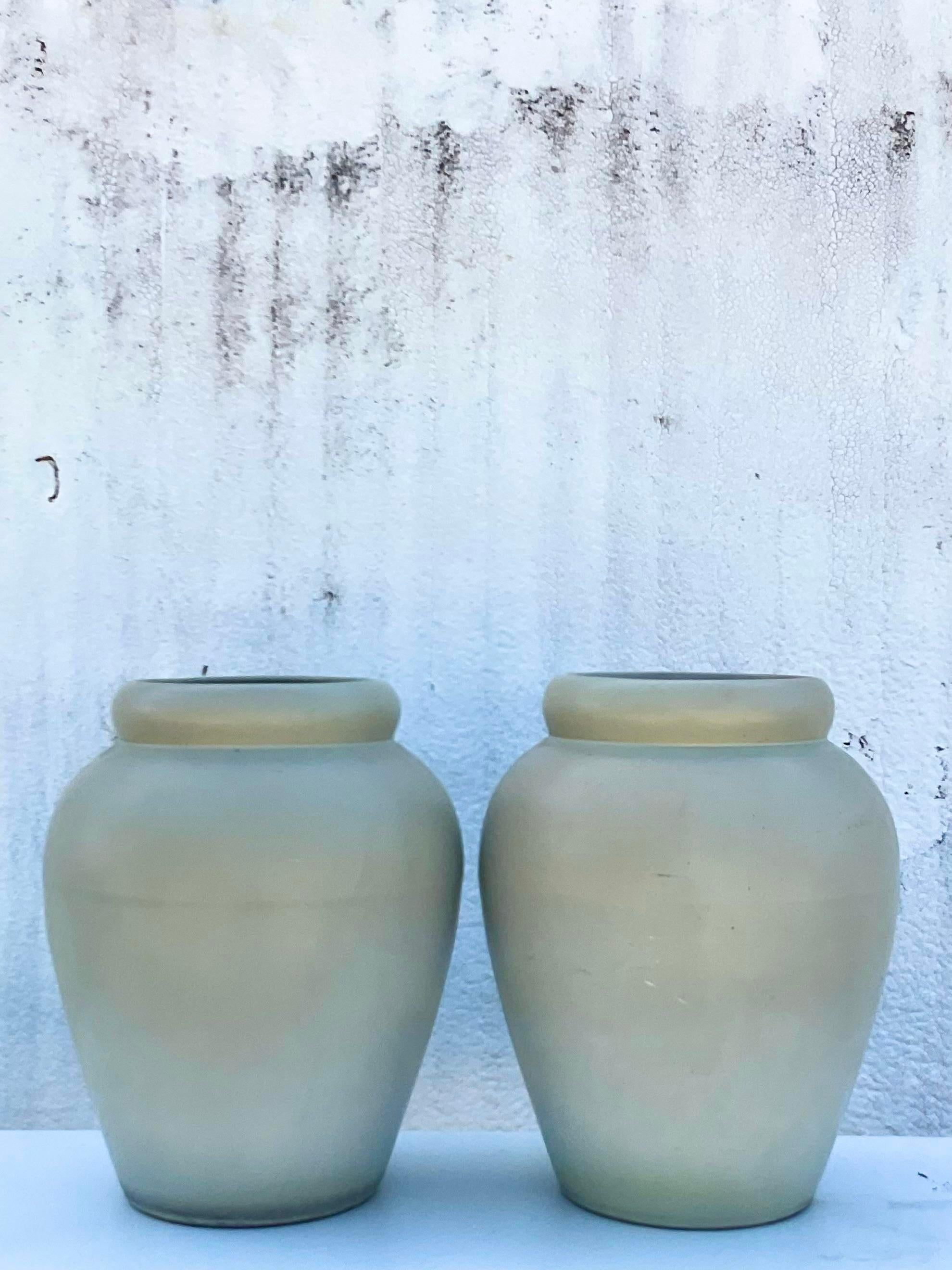 Mid-Century Modern Vintage Contemporary Pair of Matte Sage Green Urns For Sale