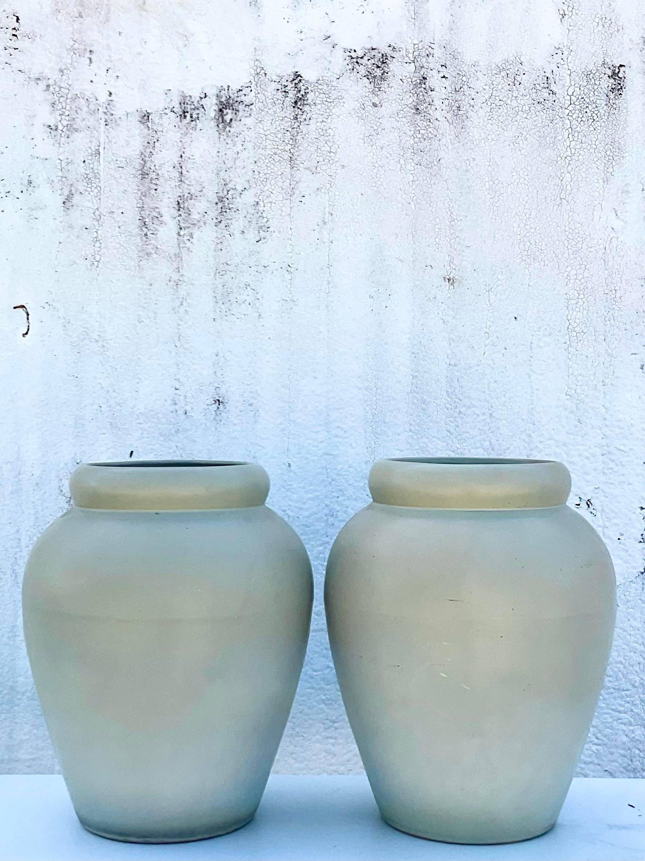 Vintage Contemporary Pair of Matte Sage Green Urns In Good Condition For Sale In west palm beach, FL