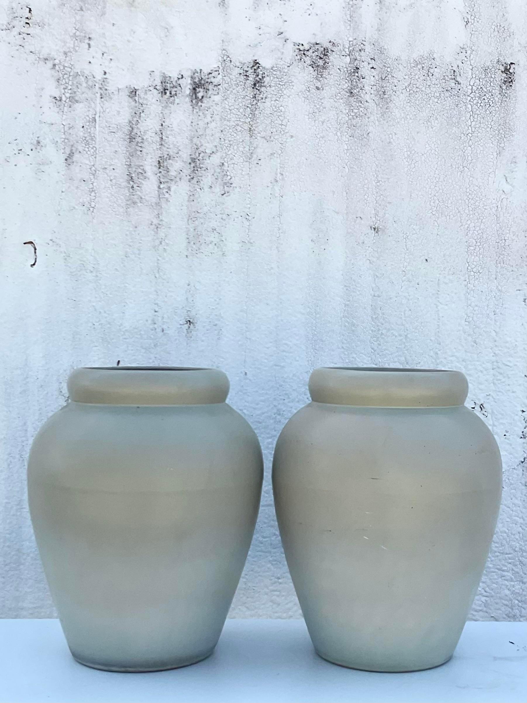 20th Century Vintage Contemporary Pair of Matte Sage Green Urns For Sale