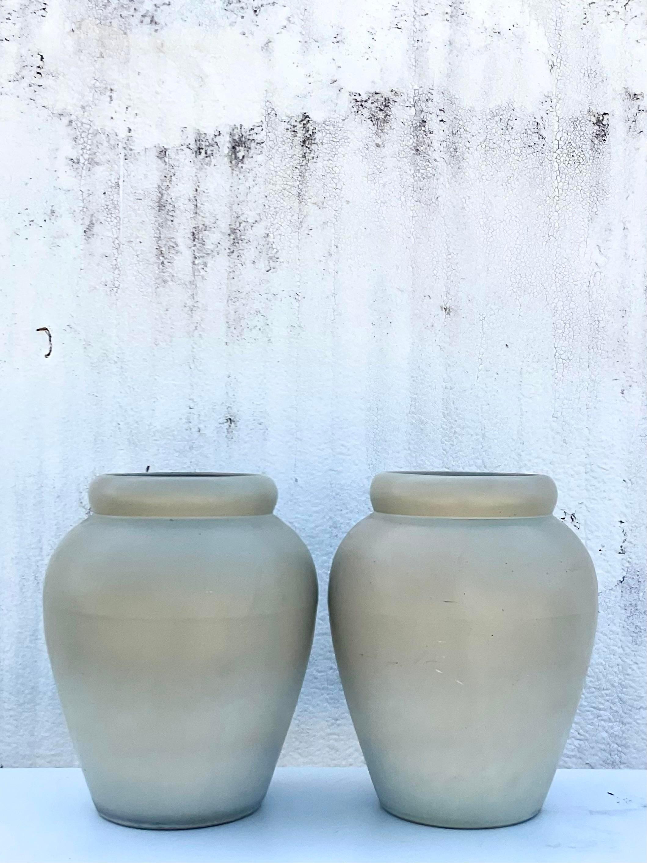 Ceramic Vintage Contemporary Pair of Matte Sage Green Urns For Sale