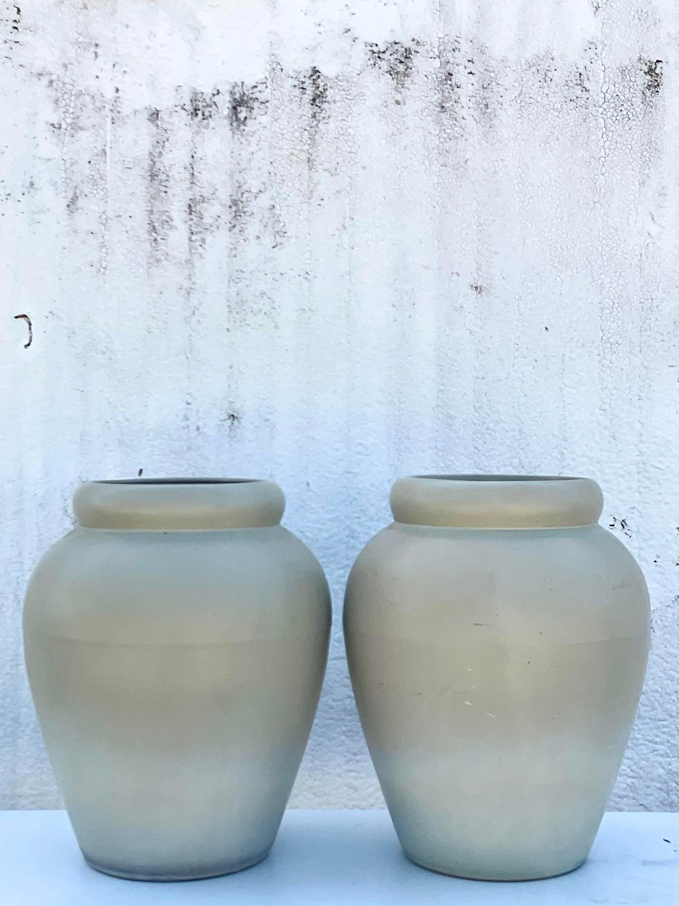 Vintage Contemporary Pair of Matte Sage Green Urns For Sale 1
