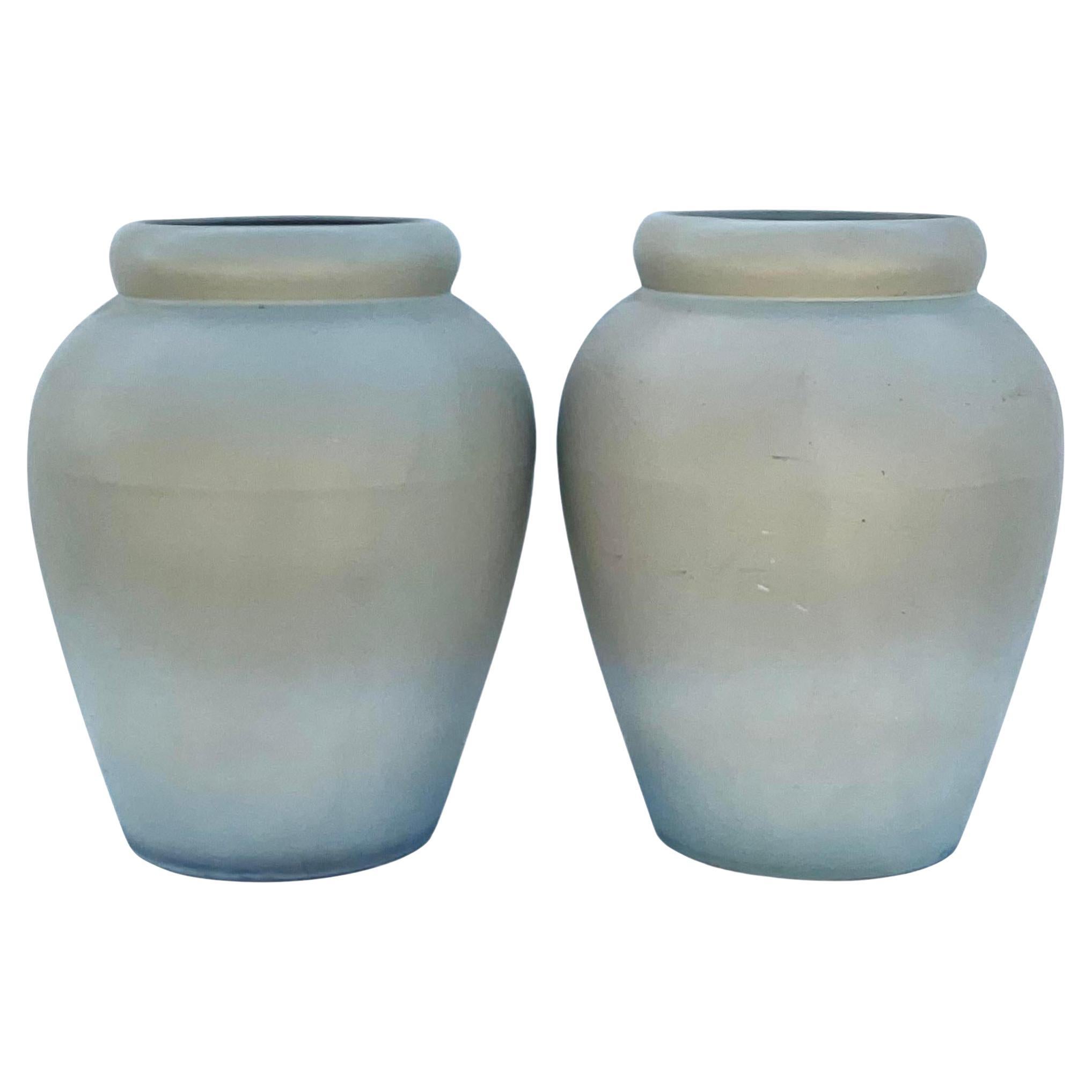 Vintage Contemporary Pair of Matte Sage Green Urns For Sale