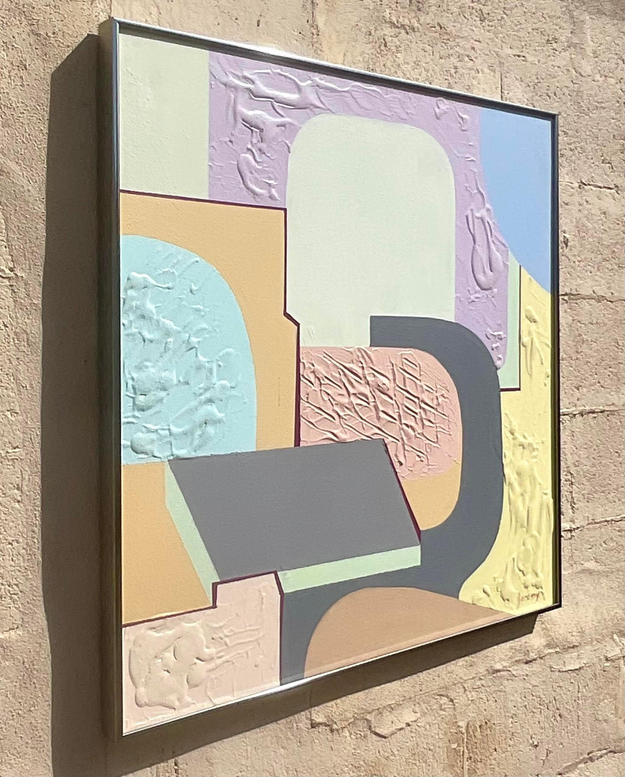 A fantastic vintage Abstract original oil painting. Beautiful soft colors in a chic geometric design. Signed by the artist. Acquired from a Palm Beach estate.