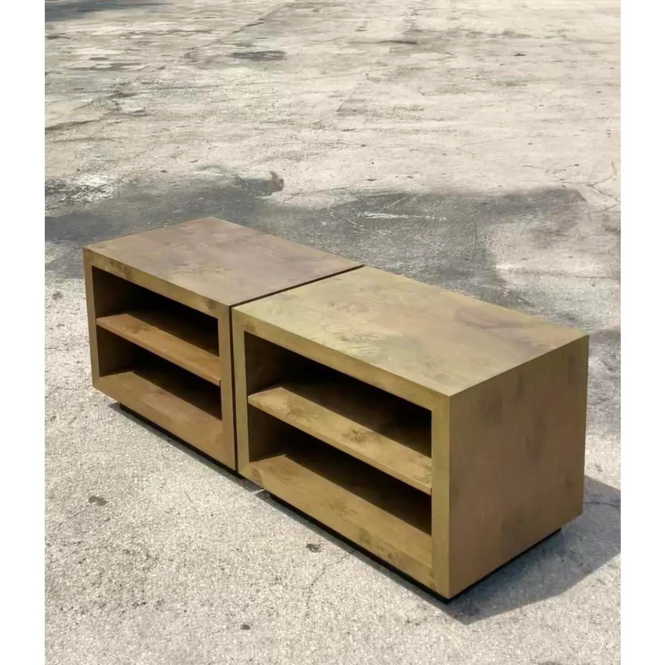 Vintage Contemporary Restoration Hardware Cerused Wood Nightstands - a Pair In Good Condition In west palm beach, FL
