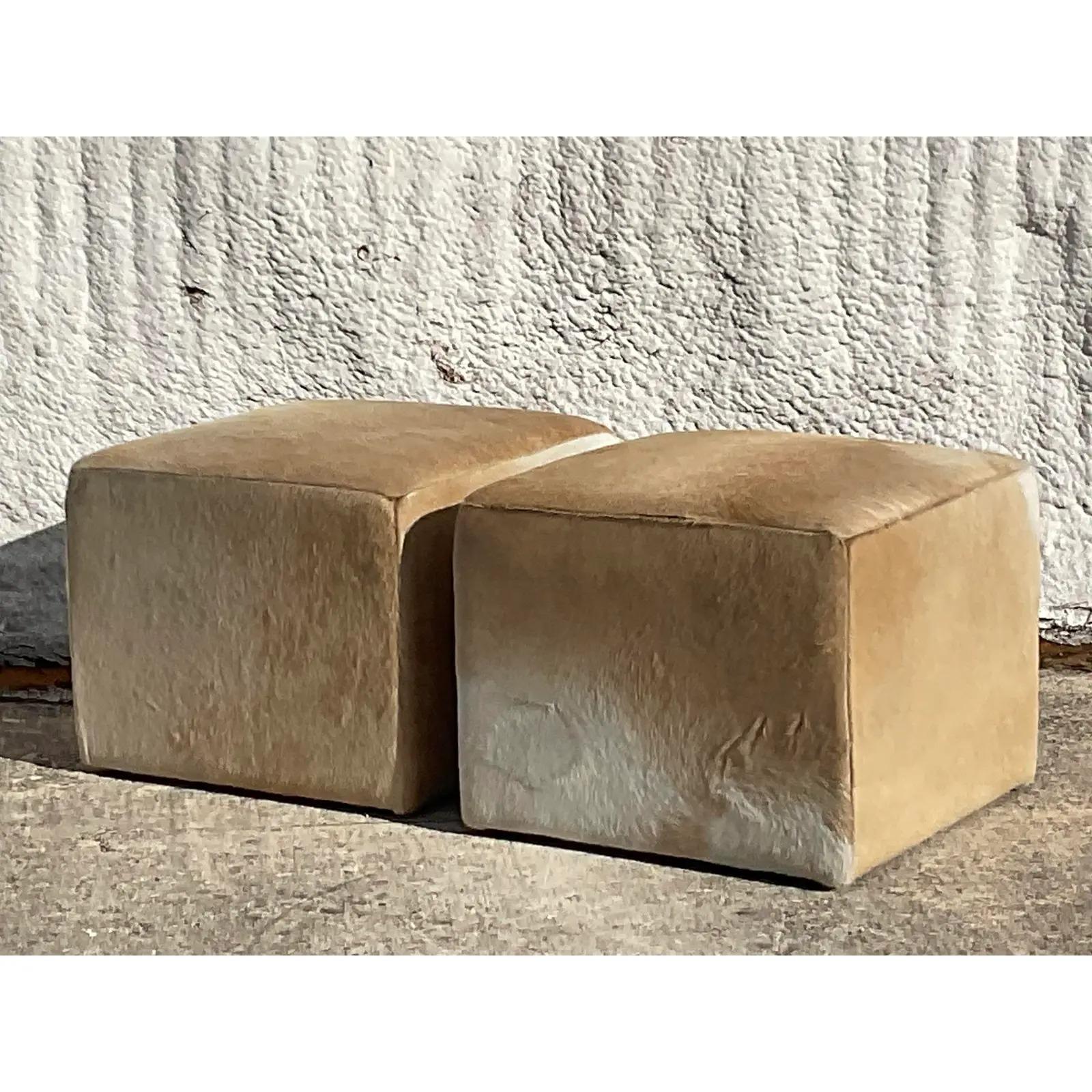 20th Century Vintage Contemporary Restoration Hardware Cooper Pony Hide Ottomans - a Pair