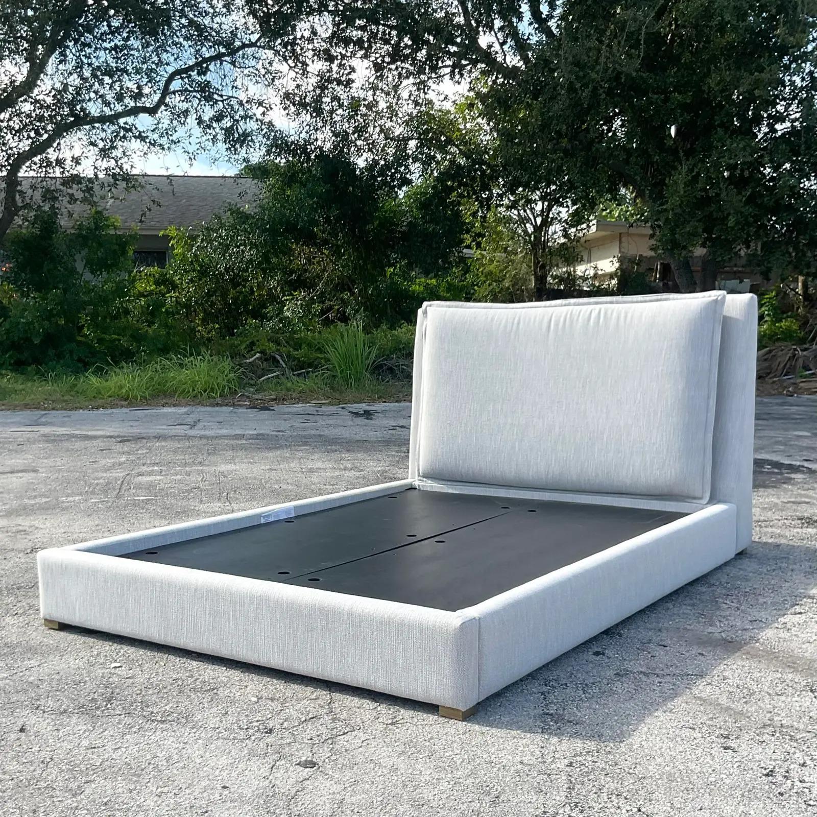 Vintage Contemporary Upholstered Queen Platform Bed. Made by the iconic Restoration Hardware. Thr chic Slone design. Acquired from a Palm Beach estate.