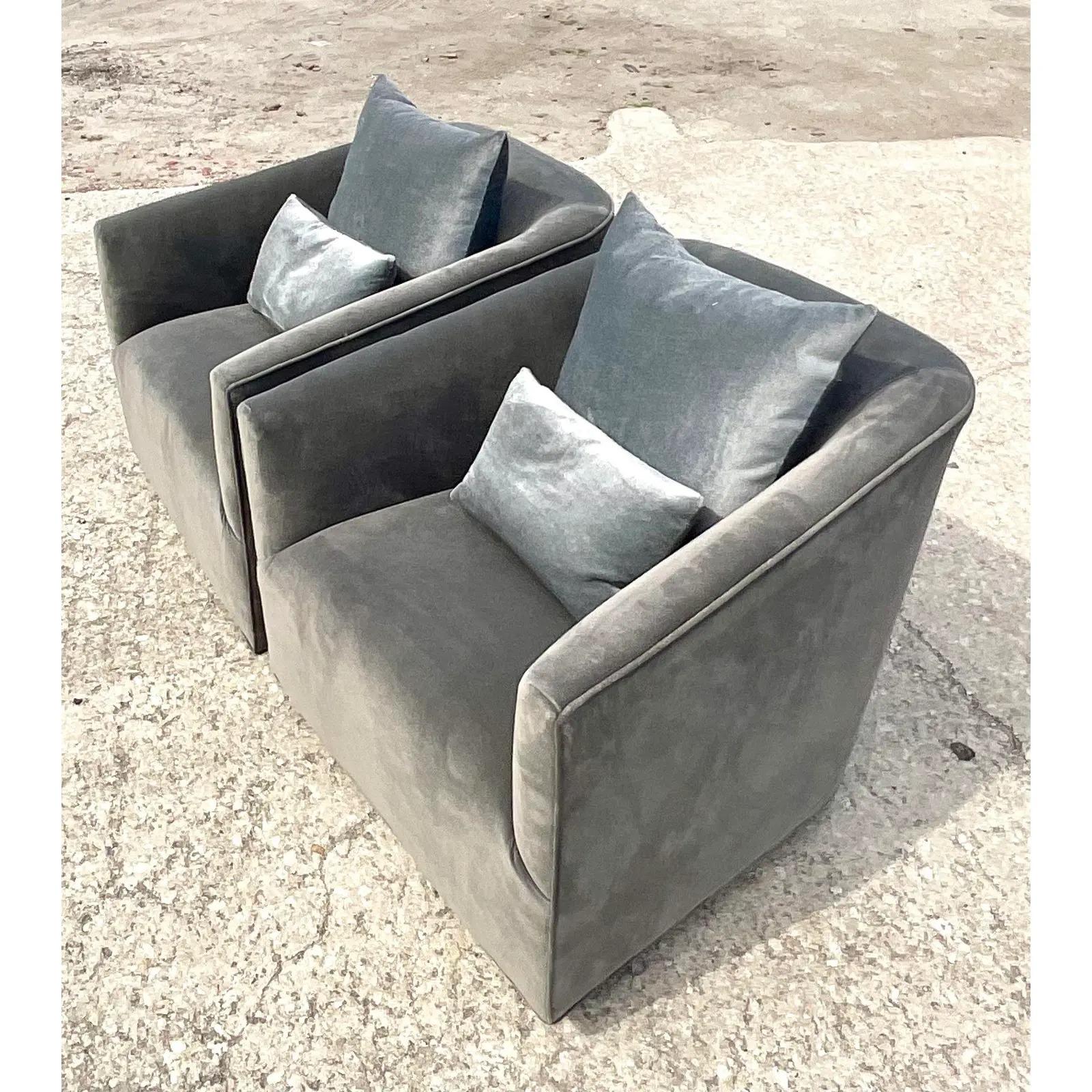 North American Vintage Contemporary Restoration Hardware Velvet Lounge Chairs - a Pair