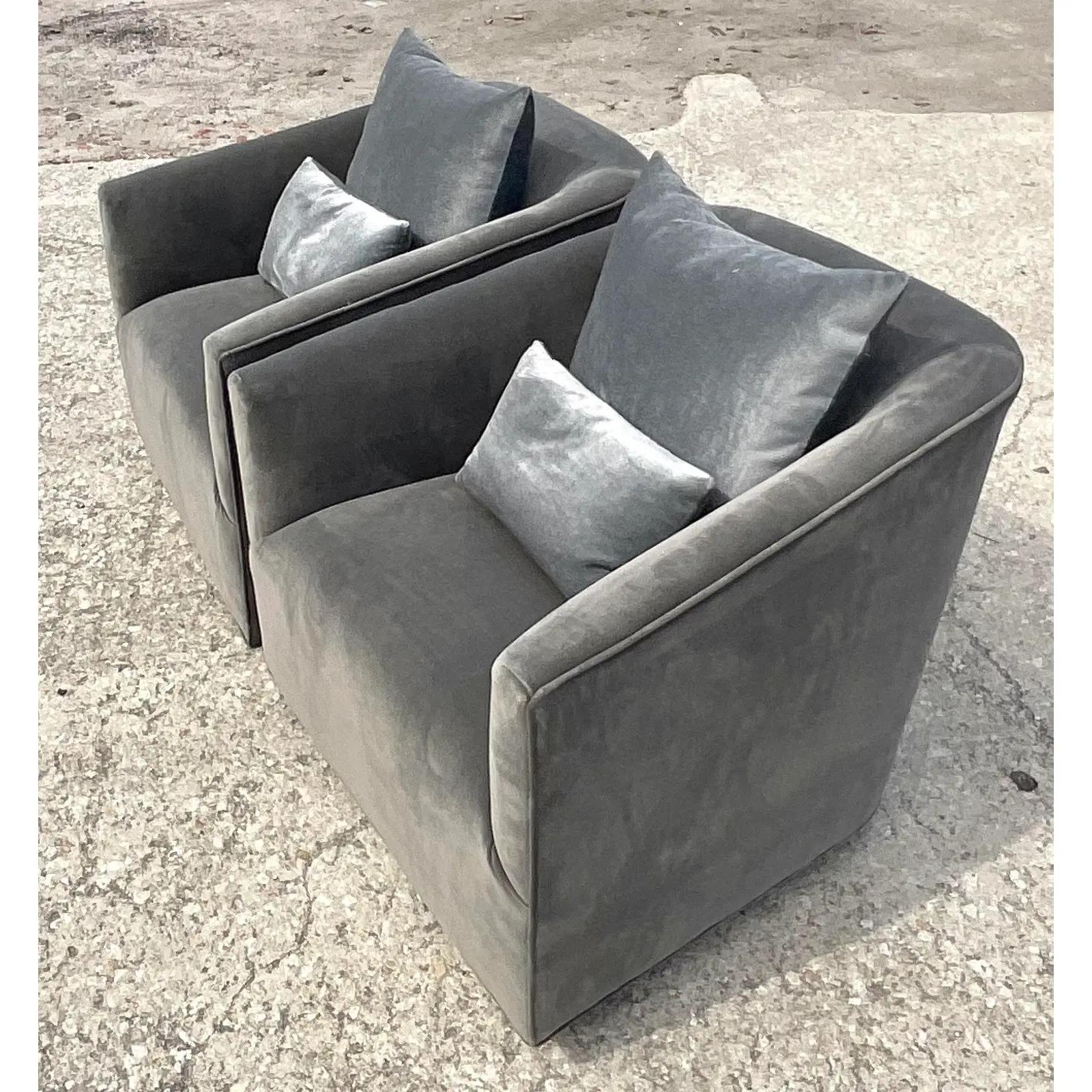 Vintage Contemporary Restoration Hardware Velvet Lounge Chairs - a Pair In Good Condition In west palm beach, FL