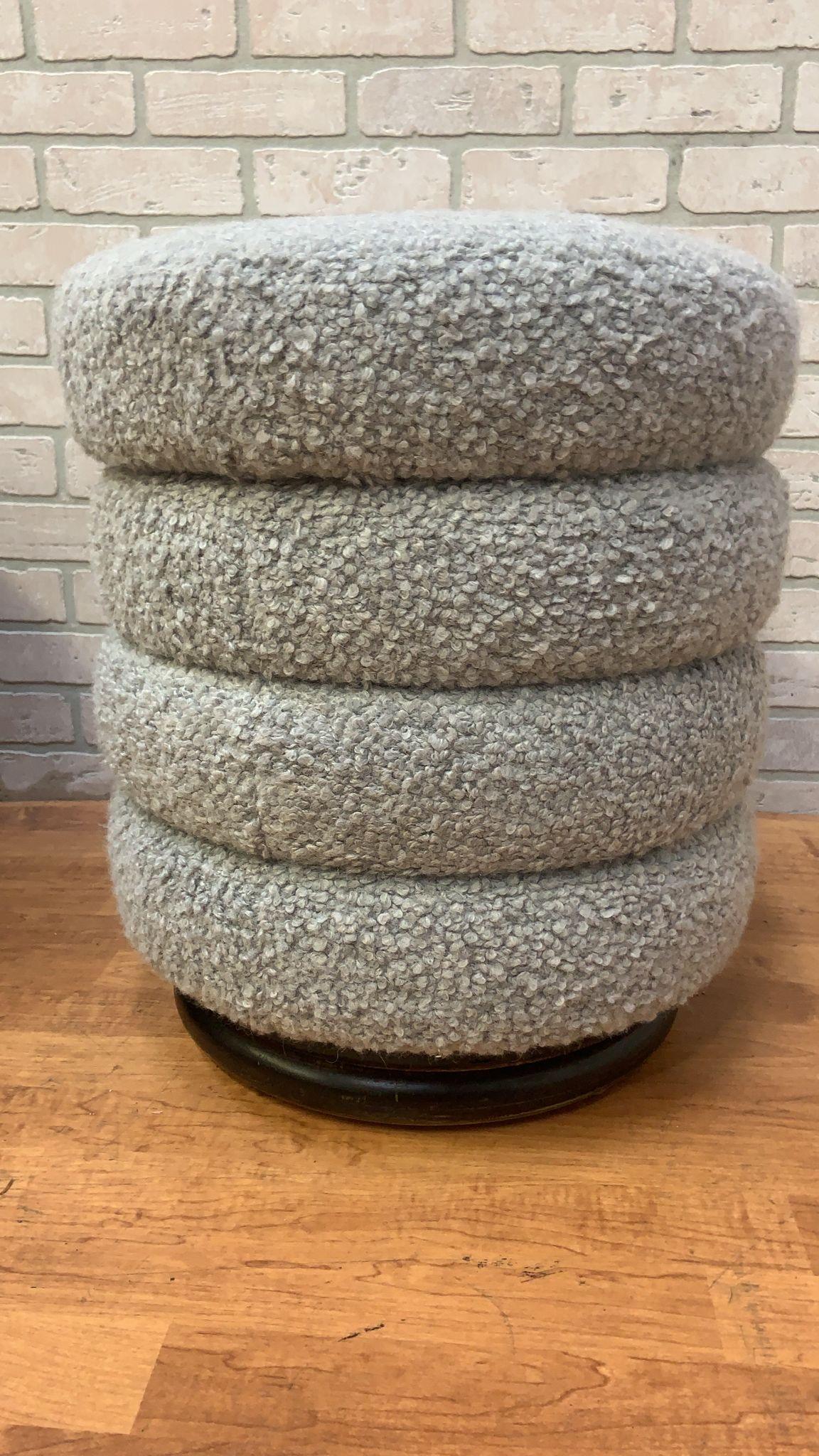 American Vintage Contemporary Ridged Stool Newly Reupholstered in a Gray Boucle For Sale