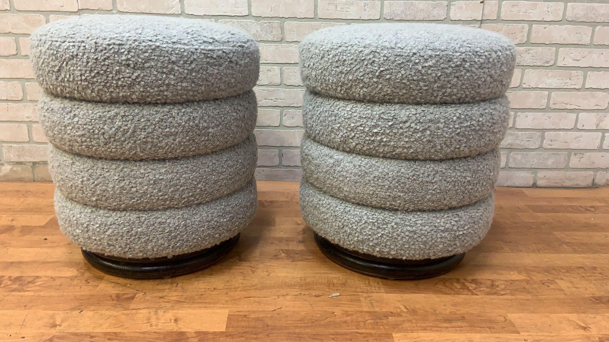 Vintage Contemporary Ridged Stool Newly Reupholstered in a Gray Boucle In Good Condition For Sale In Chicago, IL
