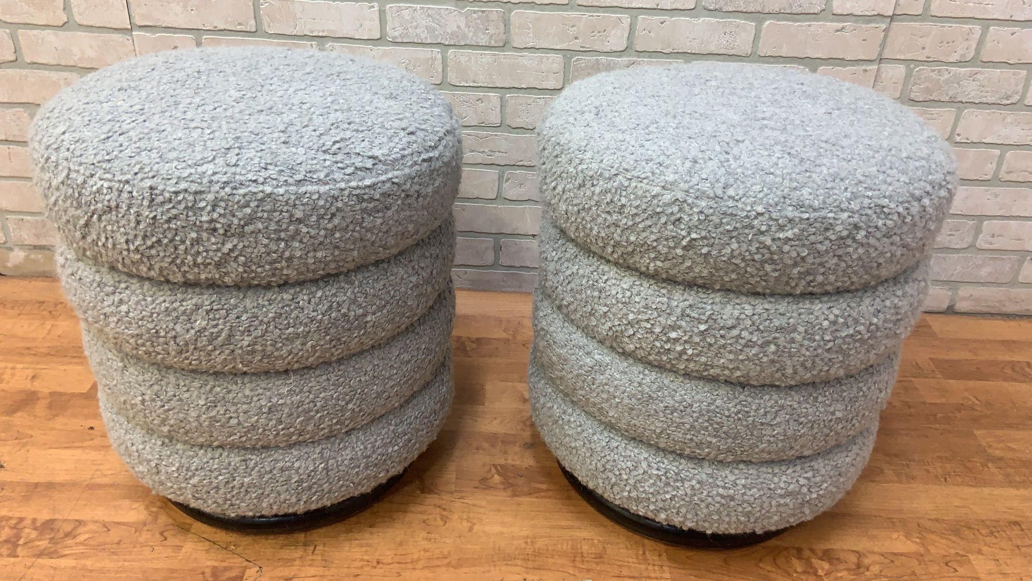 20th Century Vintage Contemporary Ridged Stool Newly Reupholstered in a Gray Boucle For Sale