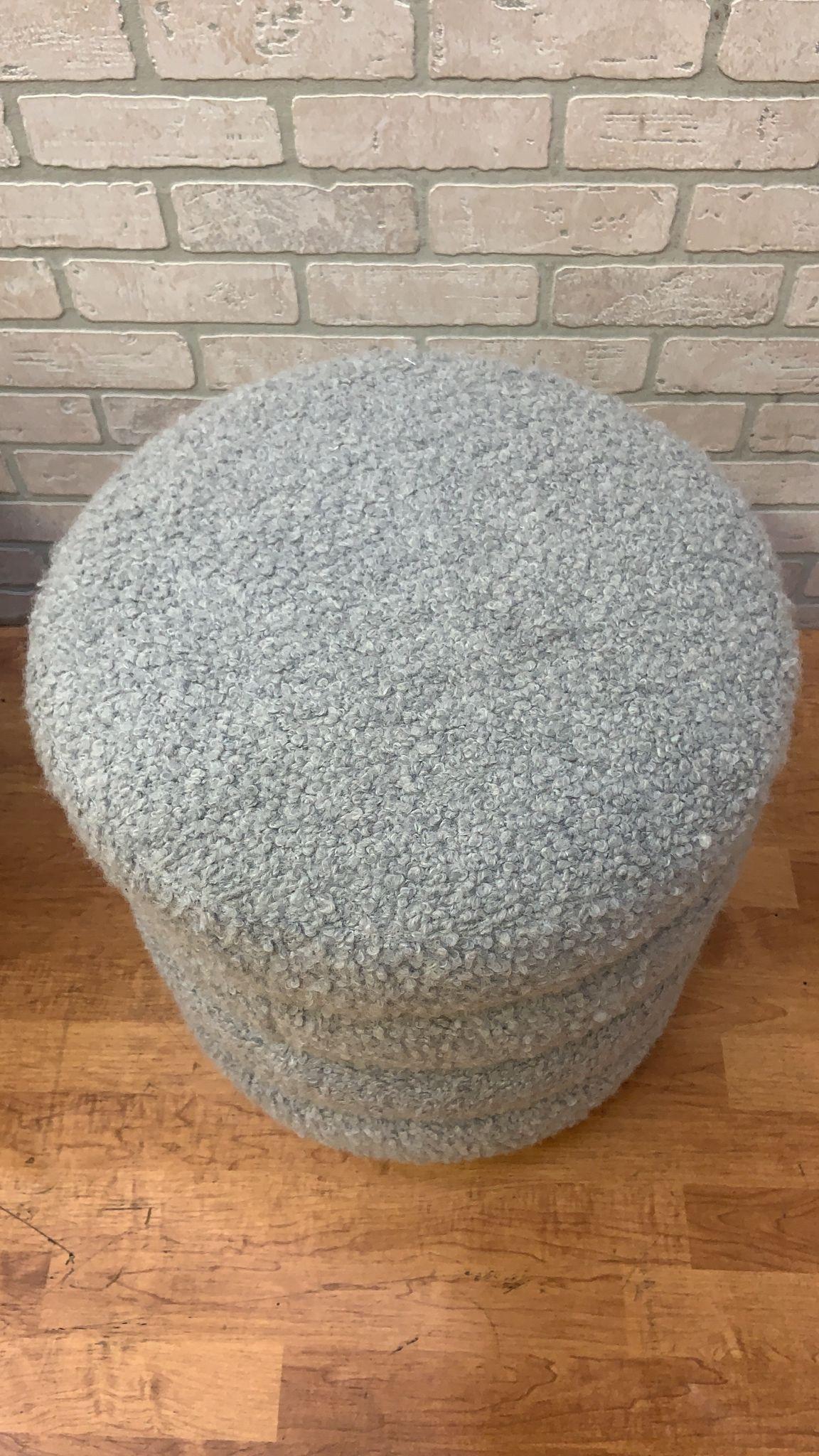 Bouclé Vintage Contemporary Ridged Stool Newly Reupholstered in a Gray Boucle For Sale