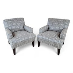 Vintage Contemporary Set Of Retro Blue & Cream Print Club Chairs, Pair