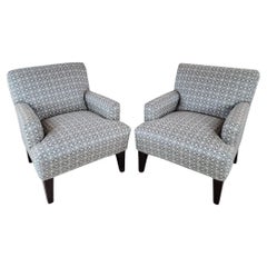 Vintage Contemporary Set Of Retro Blue & Cream Print Club Chairs, Pair