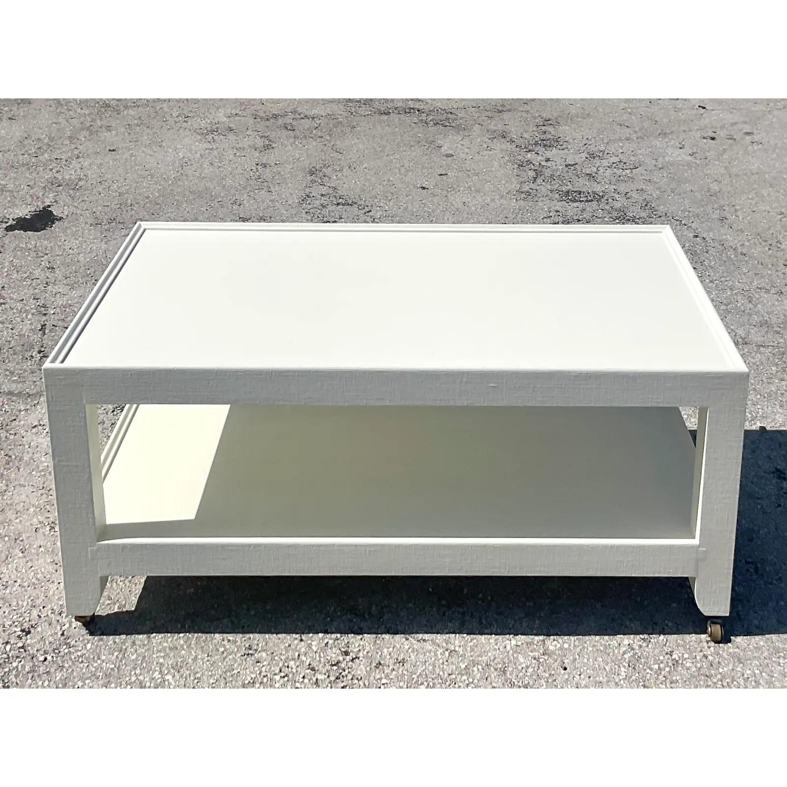 Vintage Contemporary Signed Karl Springer Linen Wrapped Coffee Table In Good Condition In West Palm Beach, FL