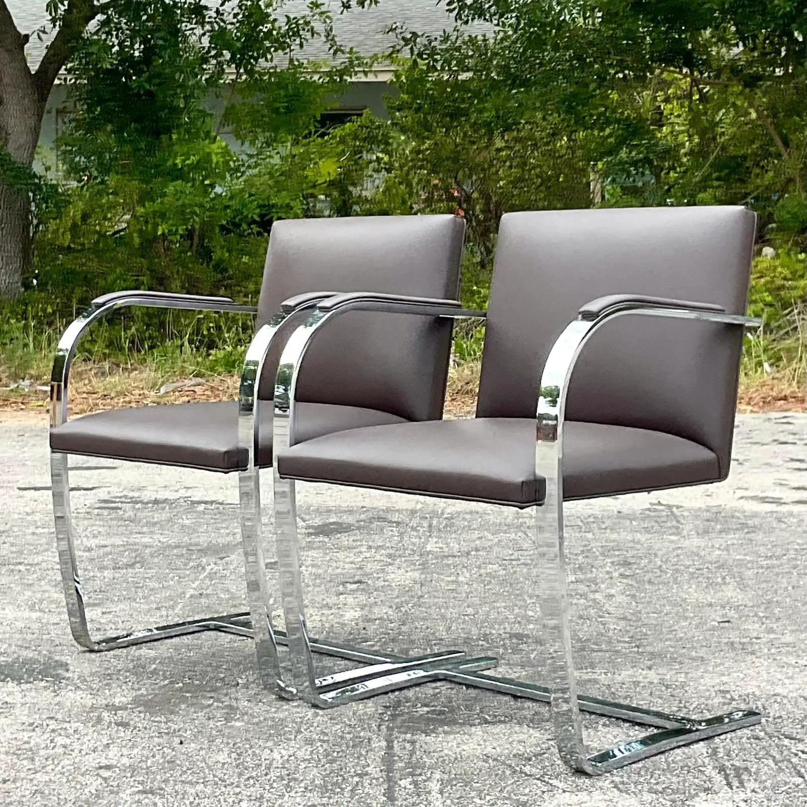 North American Vintage Contemporary Signed Mies Van Der Rohe for Knoll Brno Flat Bar Chairs, a