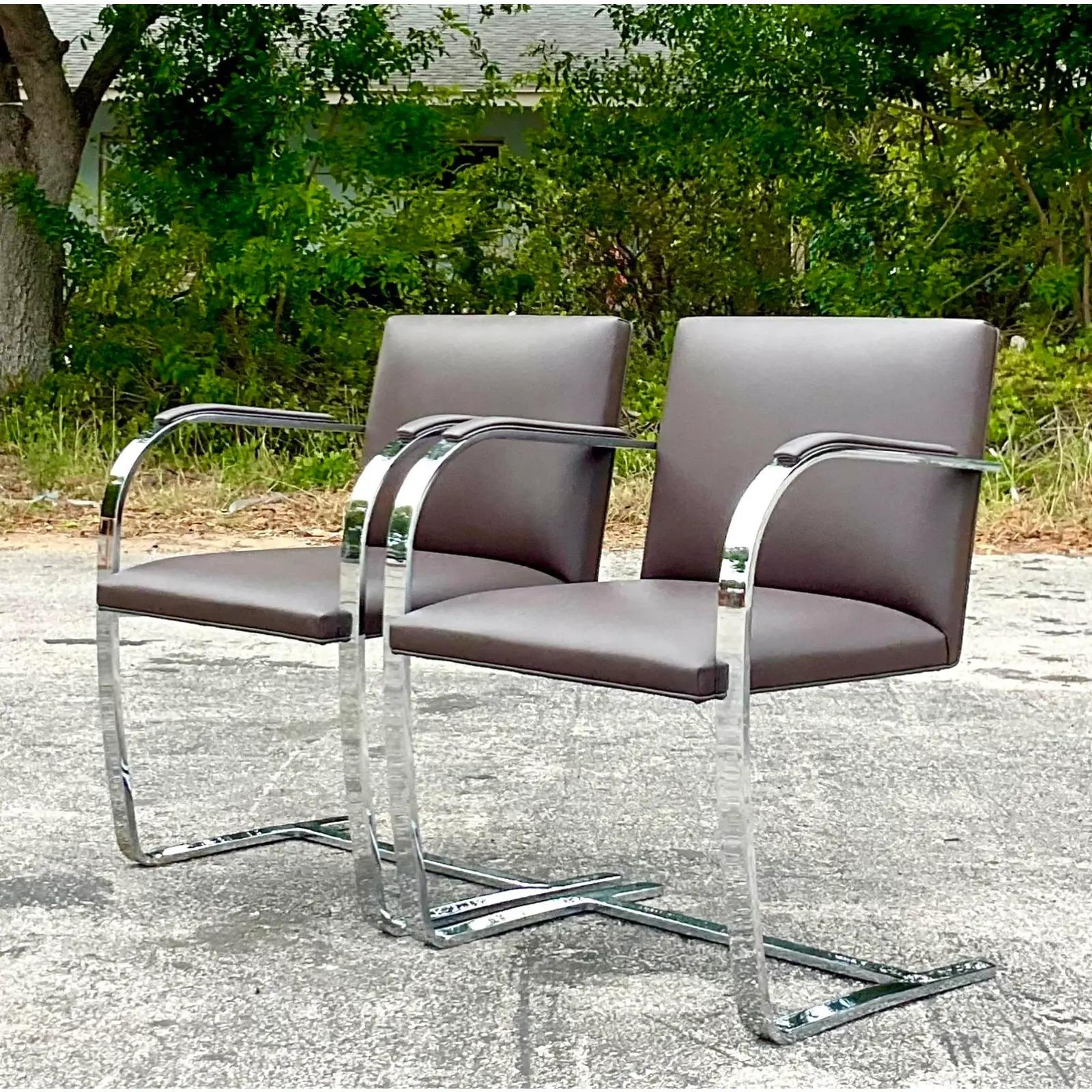 Leather Vintage Contemporary Signed Mies Van Der Rohe for Knoll Brno Flat Bar Chairs, a