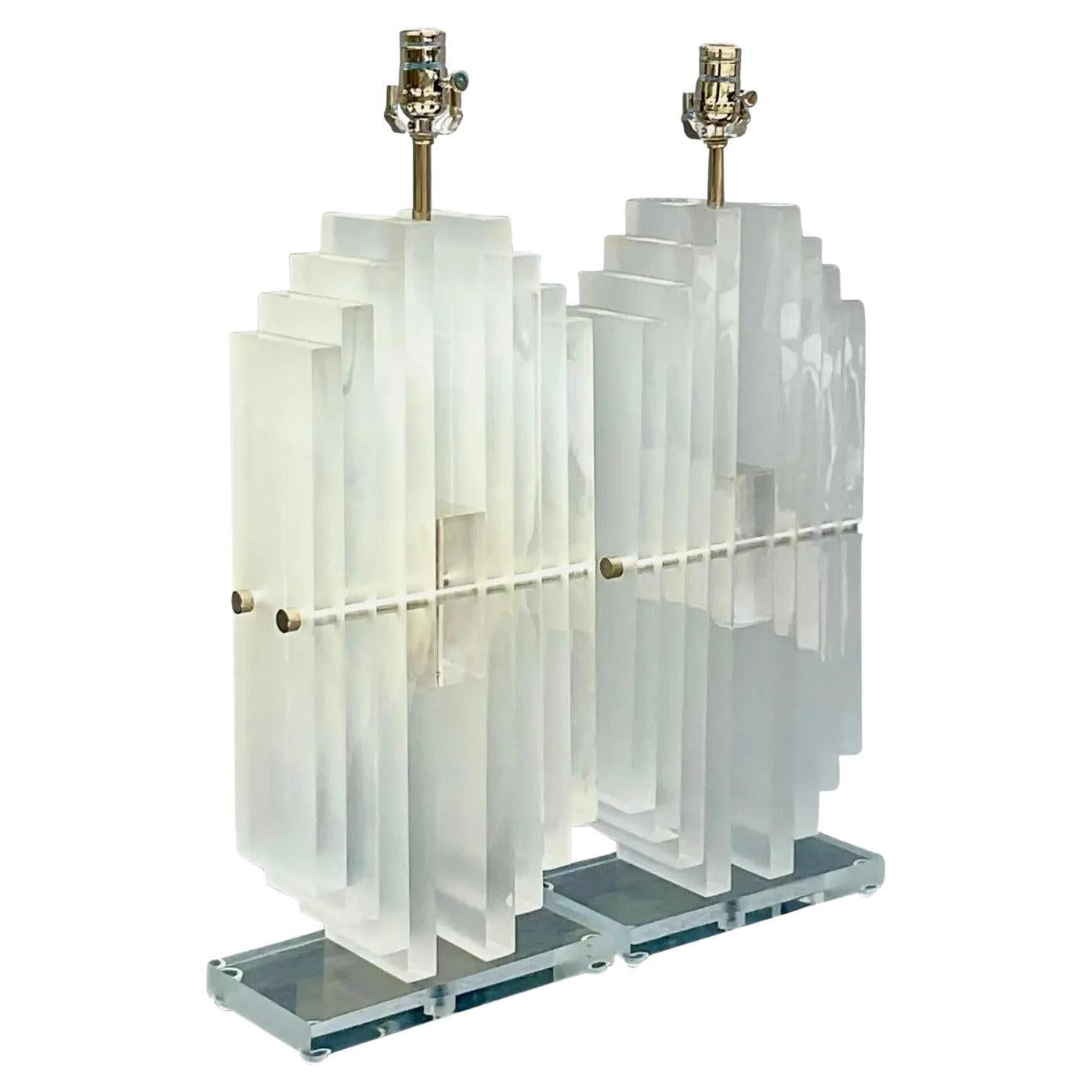 Vintage Contemporary Stacked Lucite Skyscraper Lamps After Karl Springer -a Pair